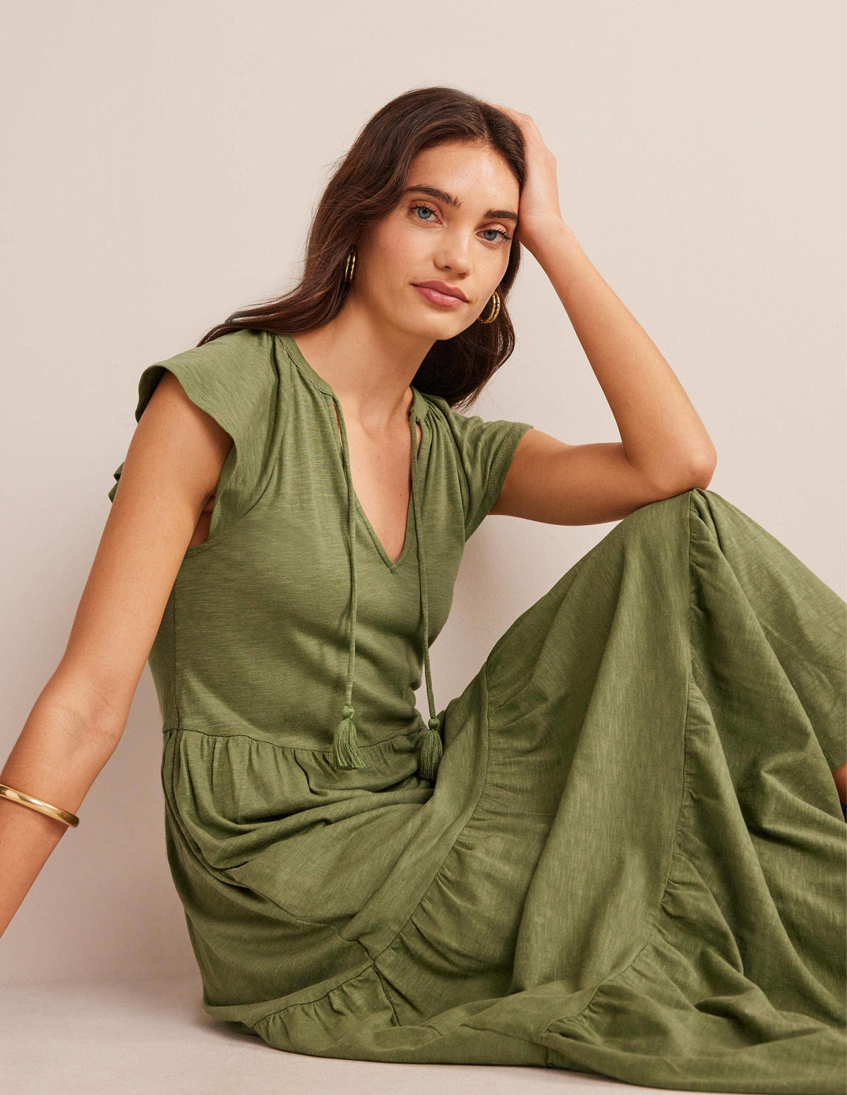 Tiered Jersey Midi Dress-Washed Khaki - Image 4