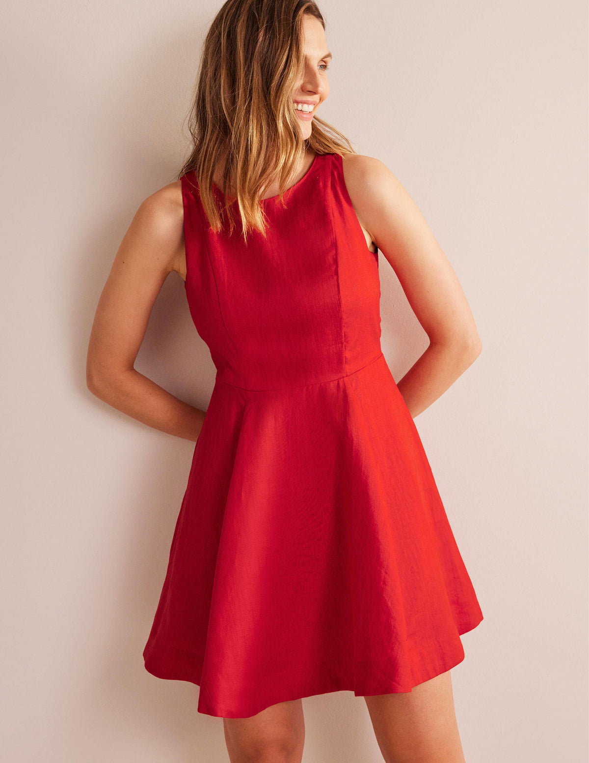 Fit-and-Flare Linen Mini Dress-Vermillion - Image 1