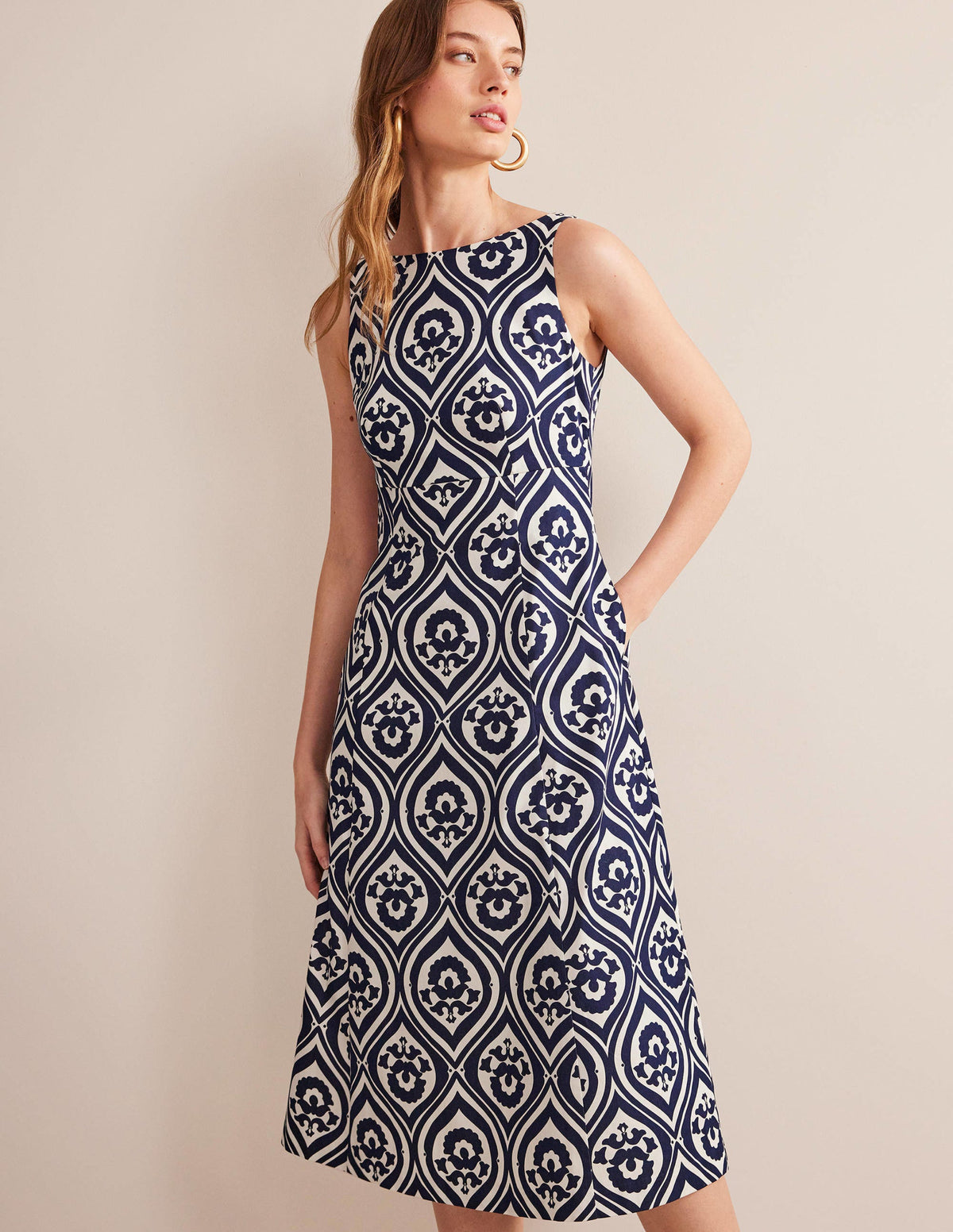 Slash Neck Midi Dress-Navy, Geo Cascade-4