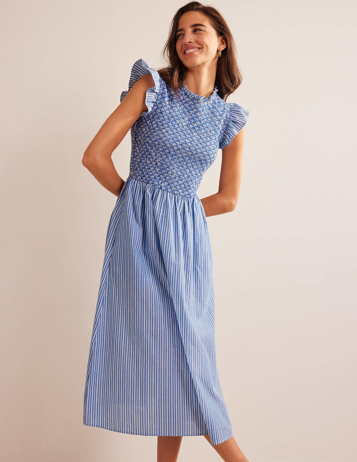 Smocked Bodice Midi Dress-Mid Blue, Leno Stripe-1