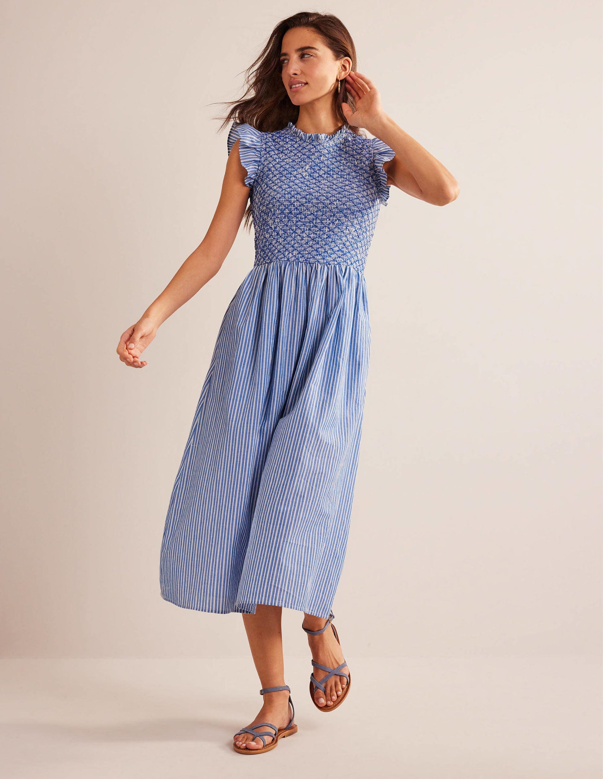 Smocked Bodice Midi Dress-Mid Blue, Leno Stripe-4