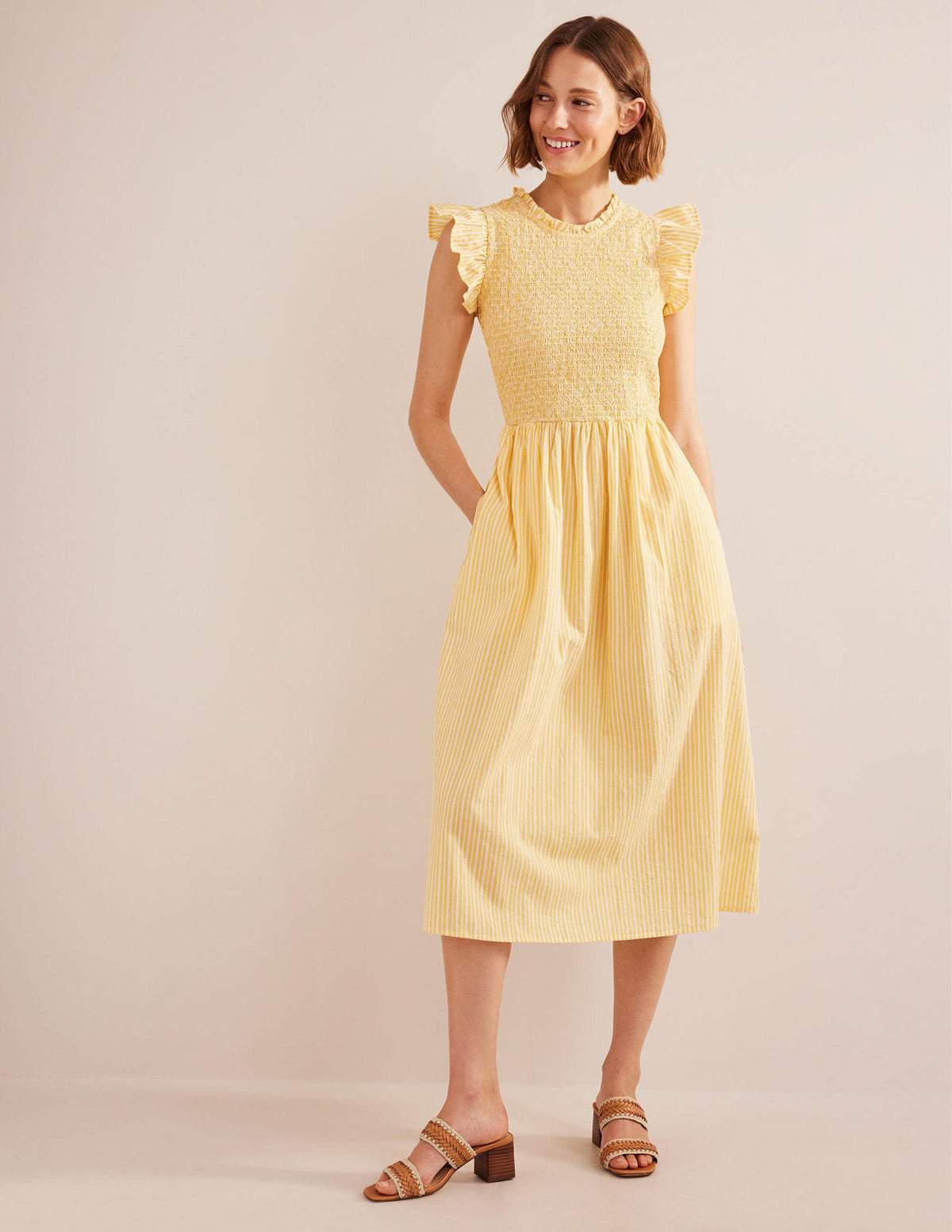 Smocked Bodice Midi Dress-Honeycomb, Leno Stripe - Image 1