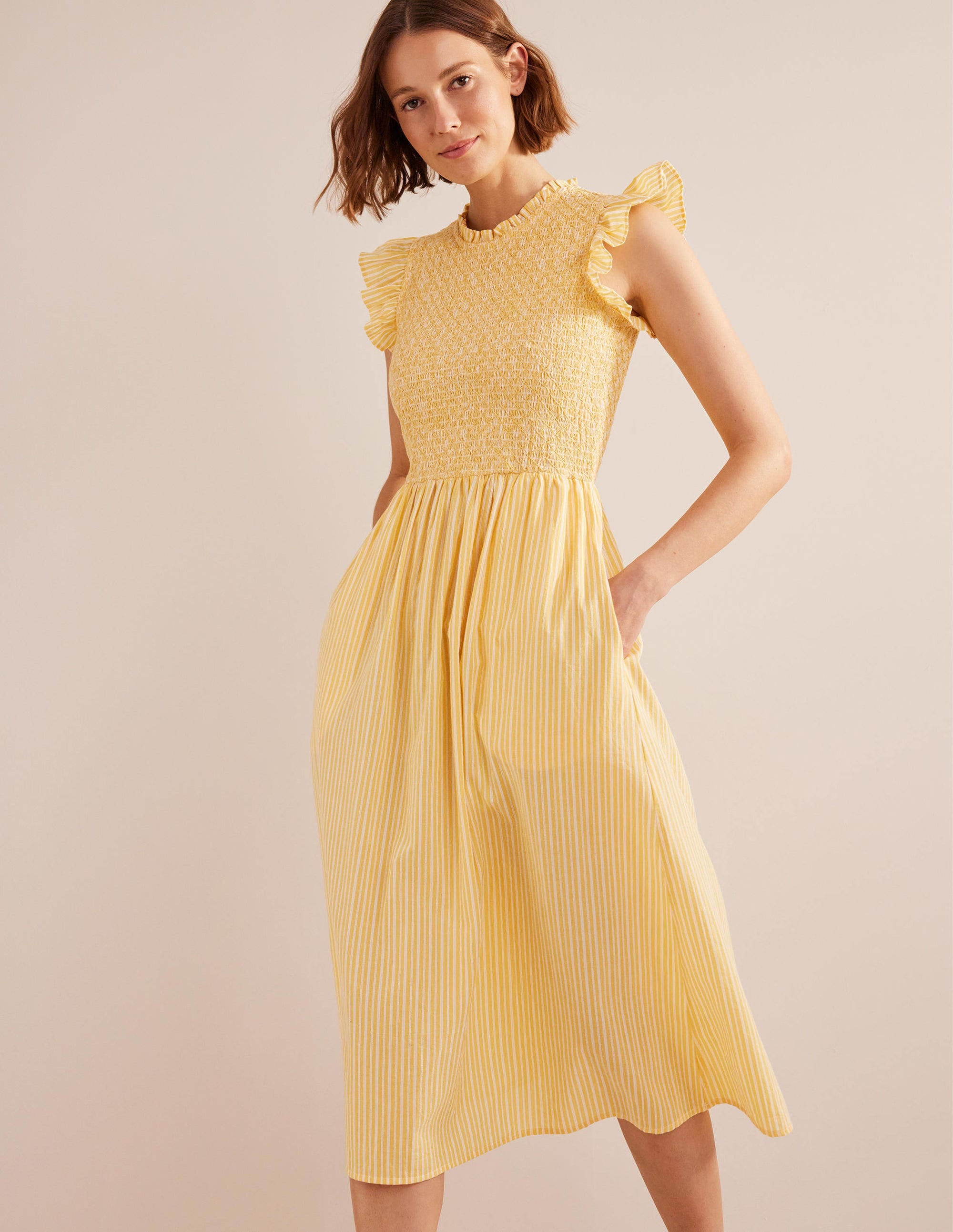 Smocked Bodice Midi Dress-Honeycomb, Leno Stripe - Image 4