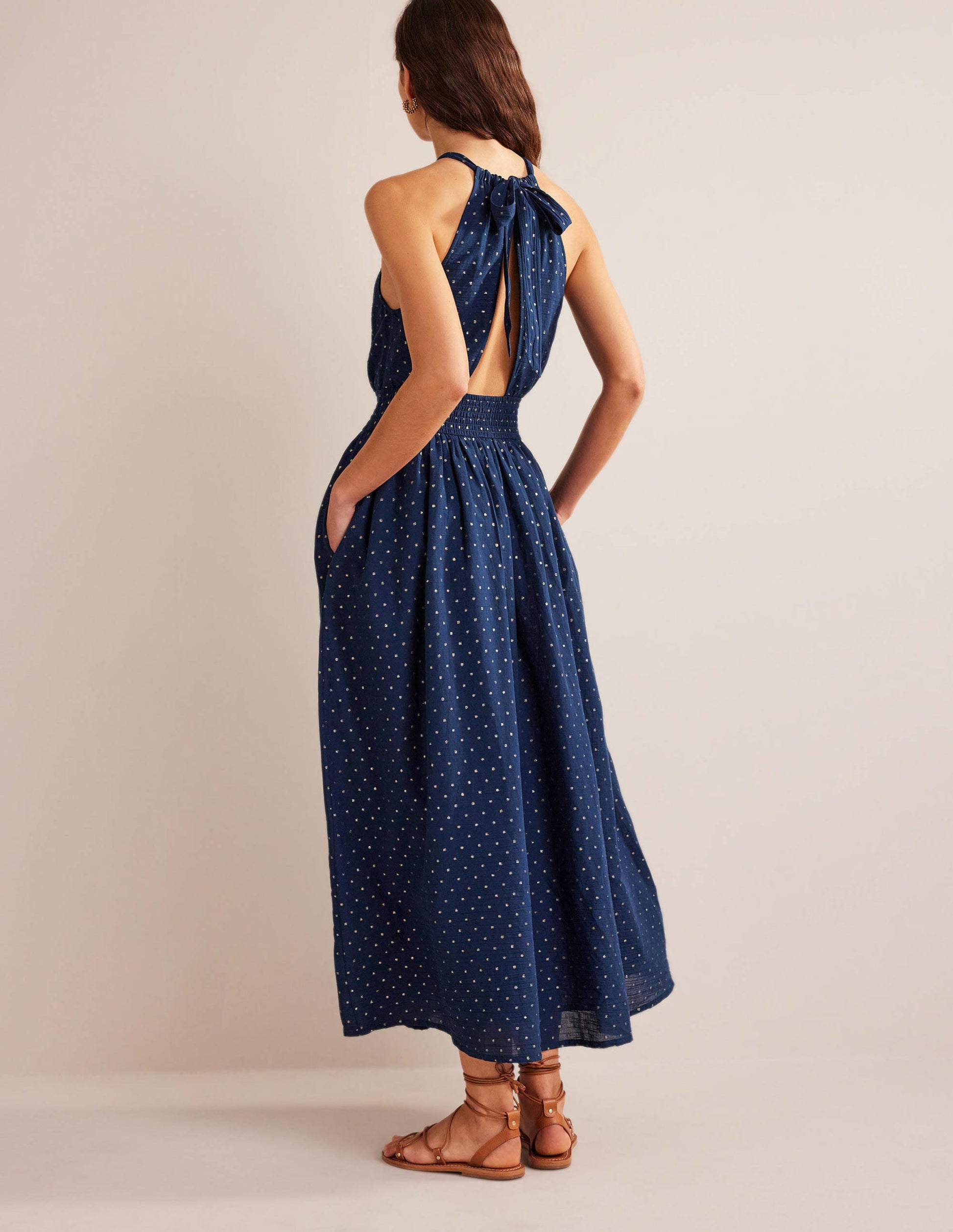 Metallic Detail Maxi Dress-Navy, Gold Clip-3