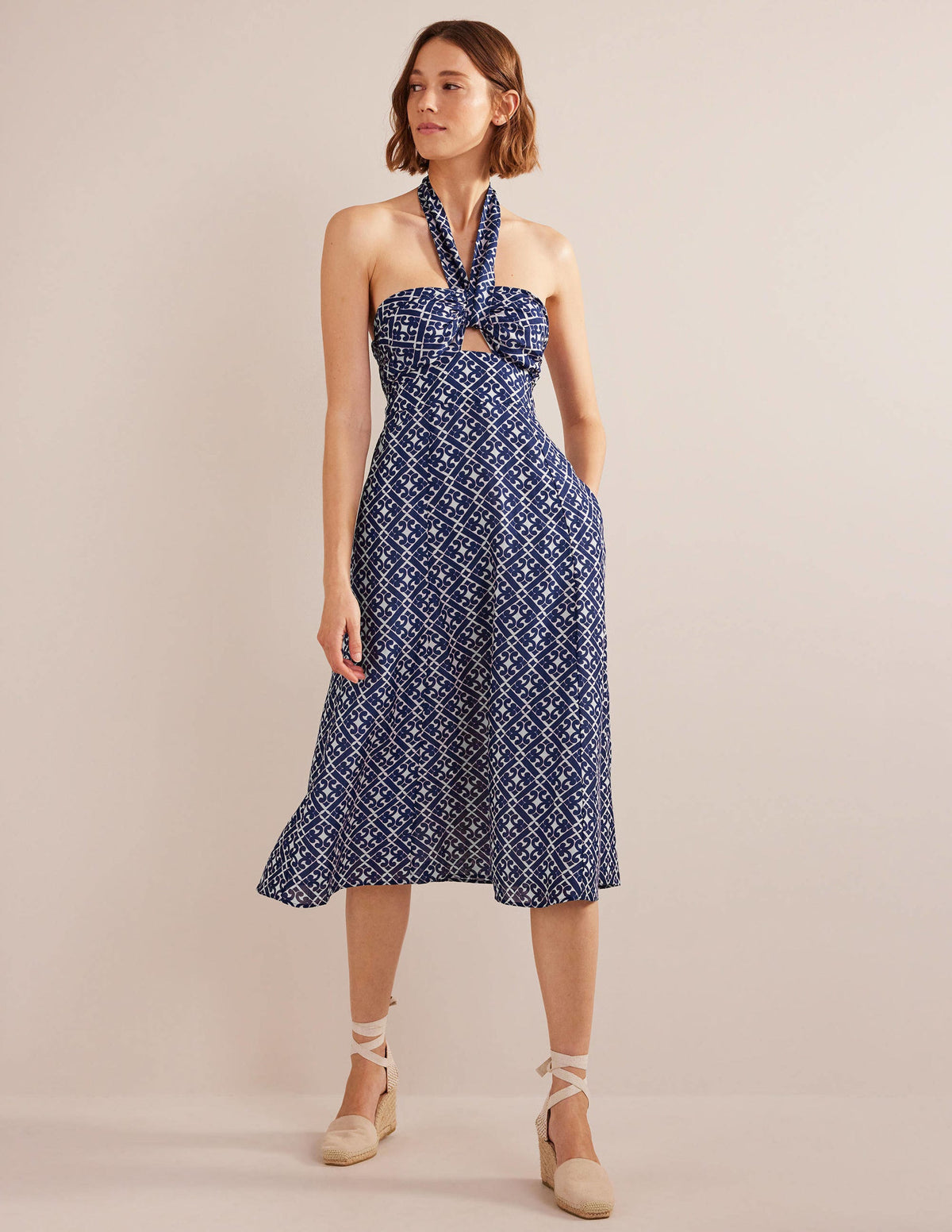Halterneck Cut Out Midi Dress-Prussian Blue, Tranquil Geo-1