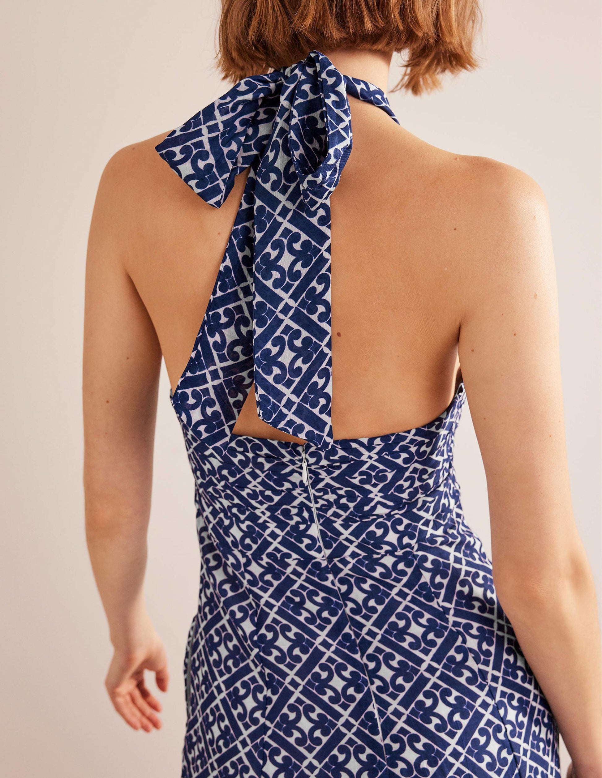 Halterneck Cut Out Midi Dress-Prussian Blue, Tranquil Geo-2