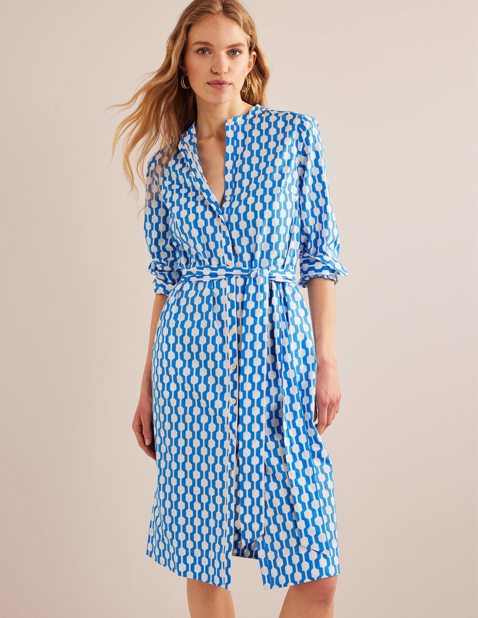 Collarless Midi Shirt Dress-Moroccan Blue, Geo Azure - Image 2