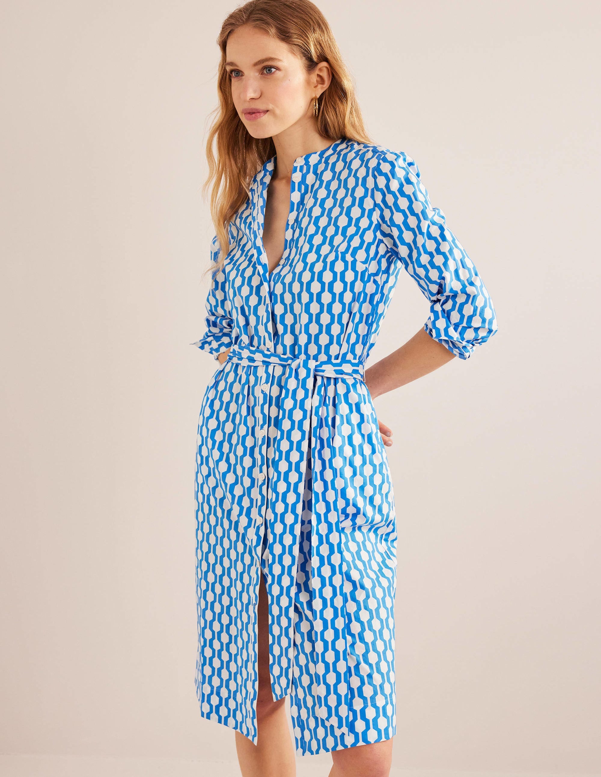 Collarless Midi Shirt Dress-Moroccan Blue, Geo Azure - Image 4