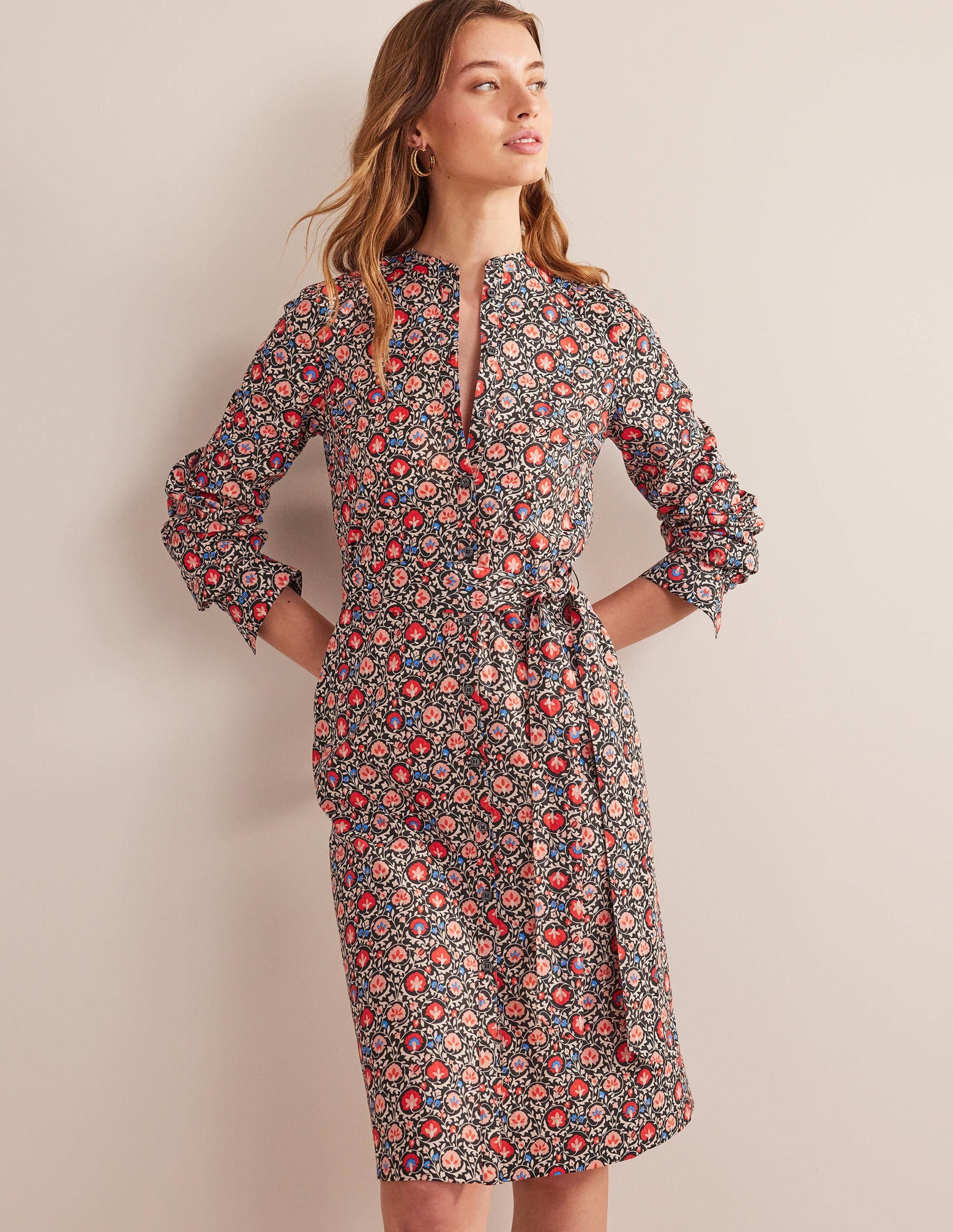 Collarless Midi Shirt Dress-Poinsettia, Enchanting Bloom - Image 1