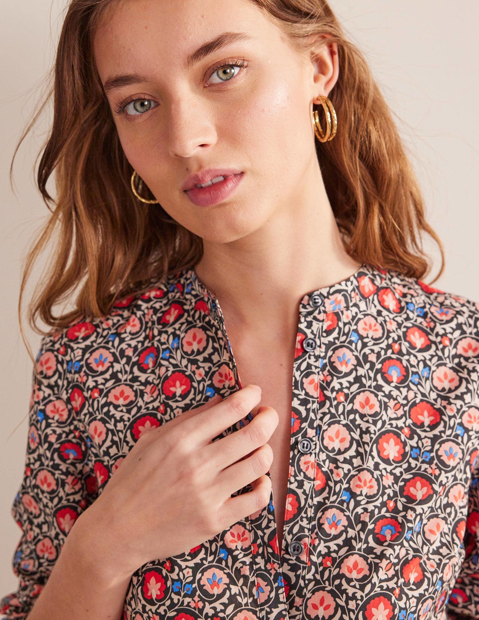Collarless Midi Shirt Dress-Poinsettia, Enchanting Bloom-2