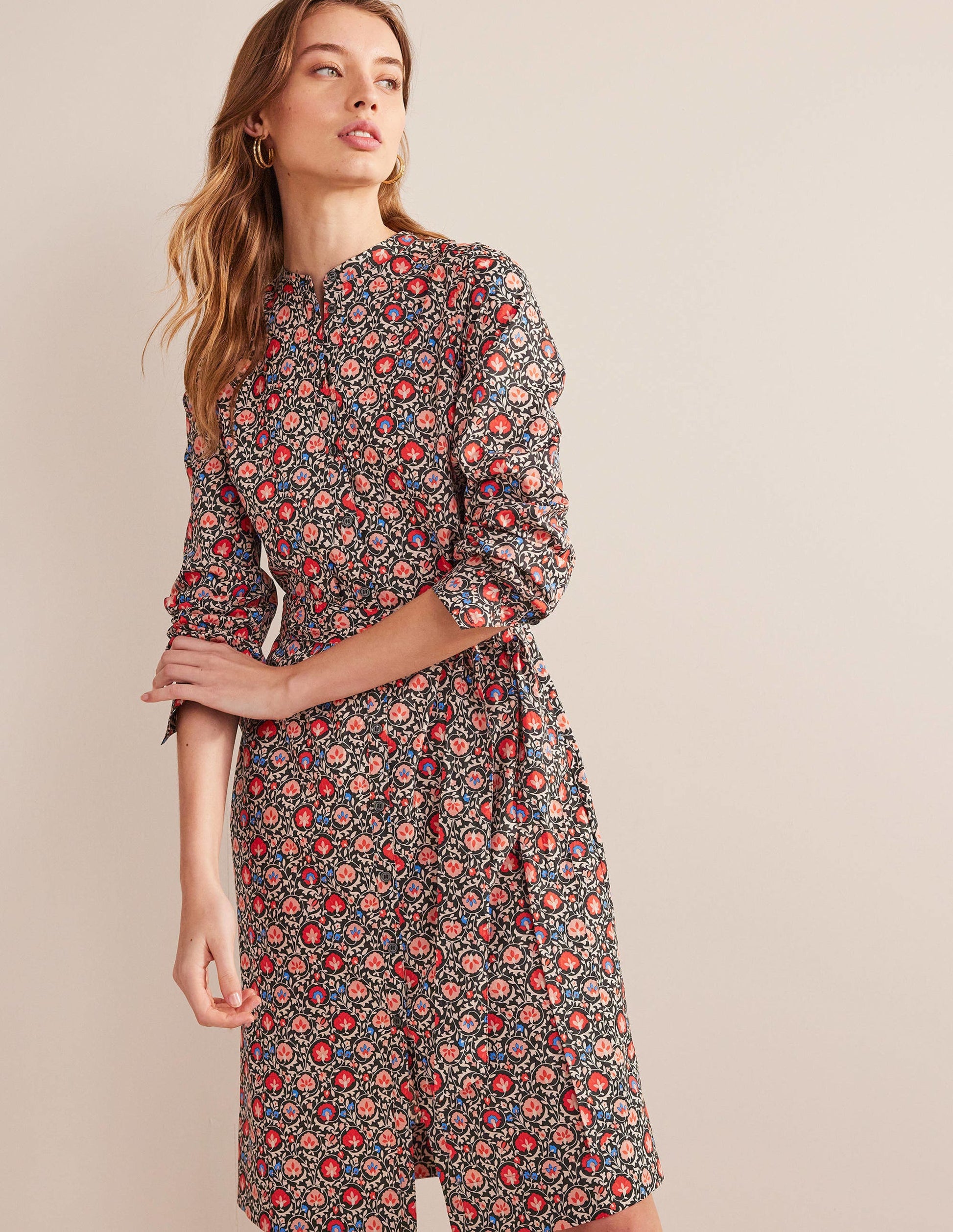 Collarless Midi Shirt Dress-Poinsettia, Enchanting Bloom-4