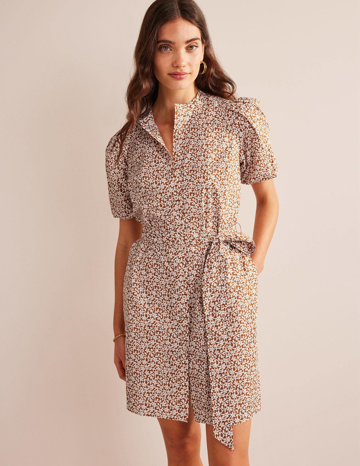 Short Sleeve Shirt Dress-Pumpkin, Flower Stem - Image 1