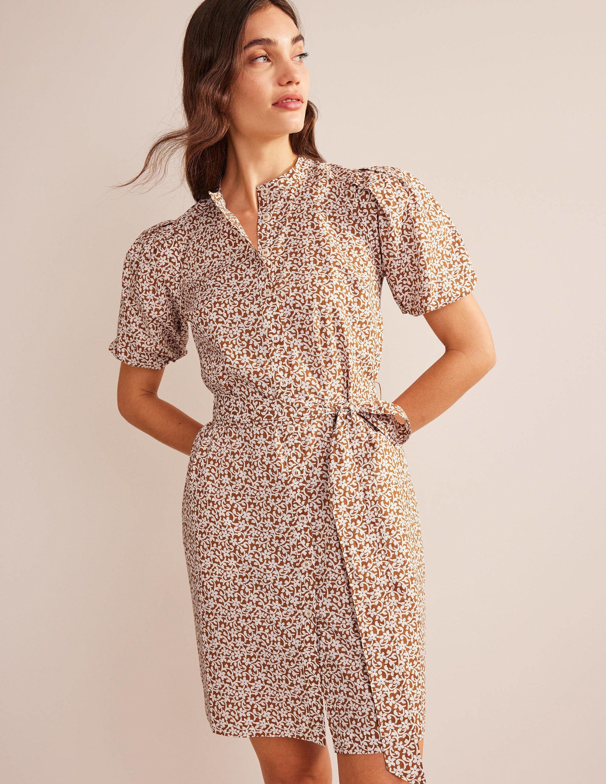 Short Sleeve Shirt Dress-Pumpkin, Flower Stem-4