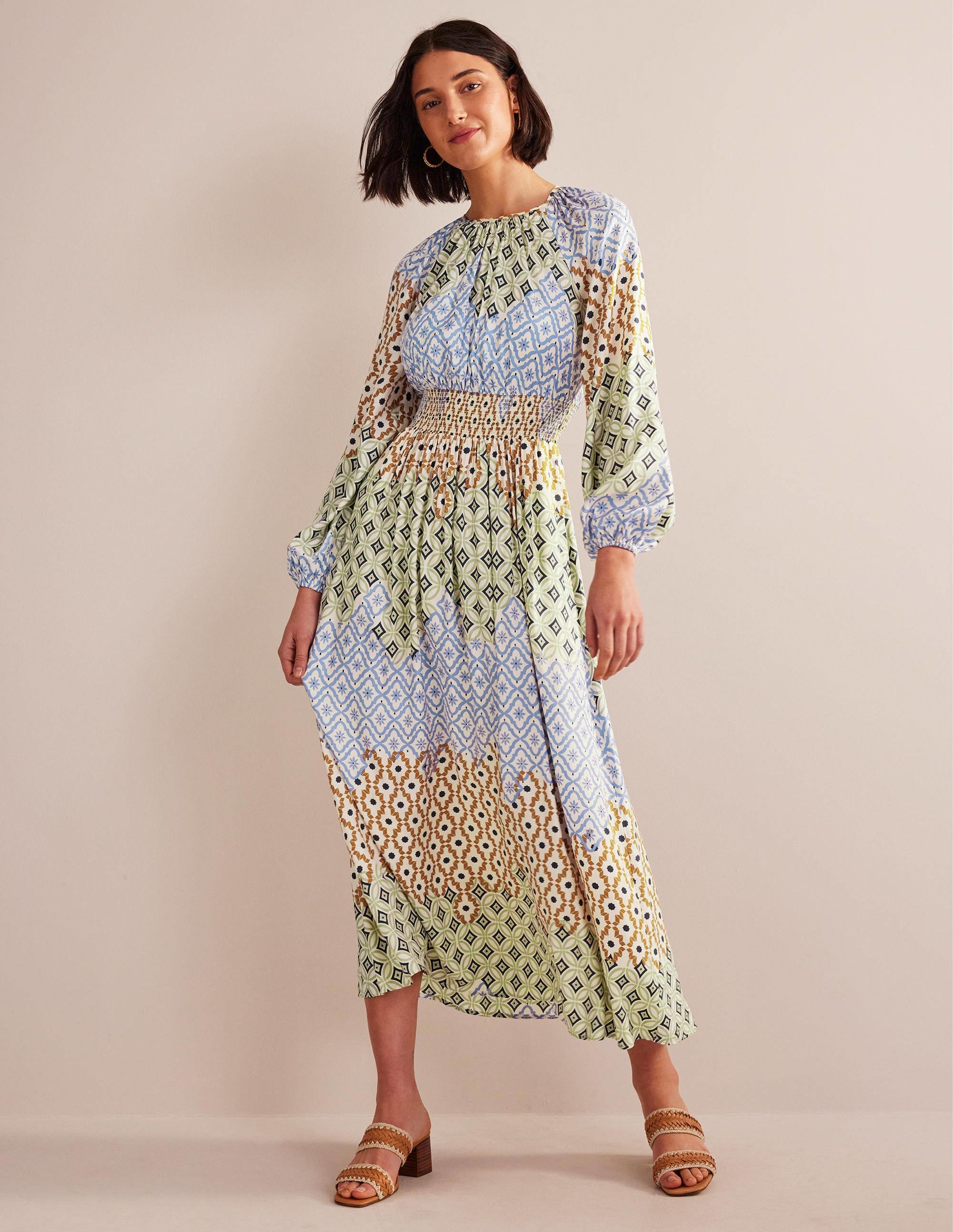 Smocked Waist Maxi Raglan-Multi, Geo Trance - Image 1