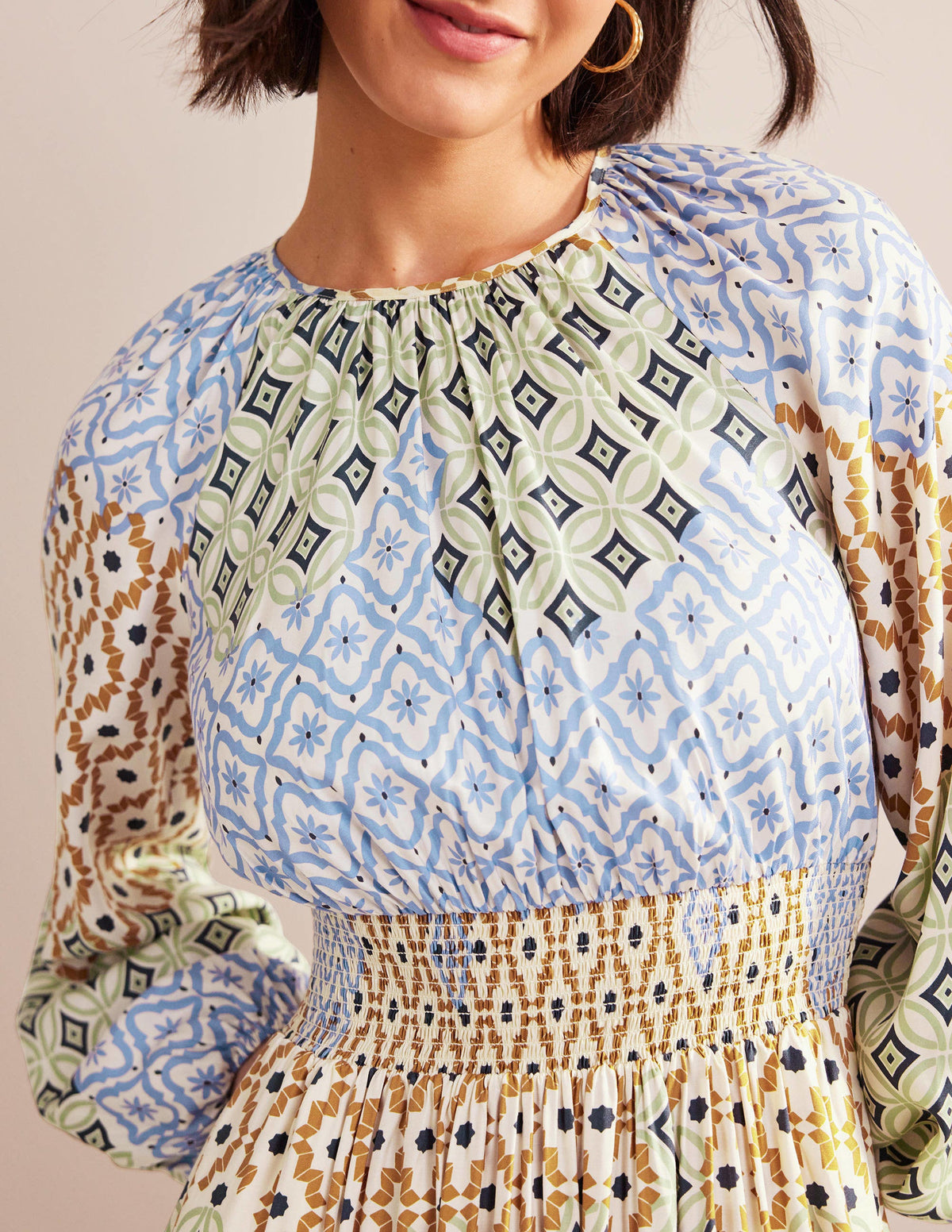 Smocked Waist Maxi Raglan-Multi, Geo Trance - Image 2