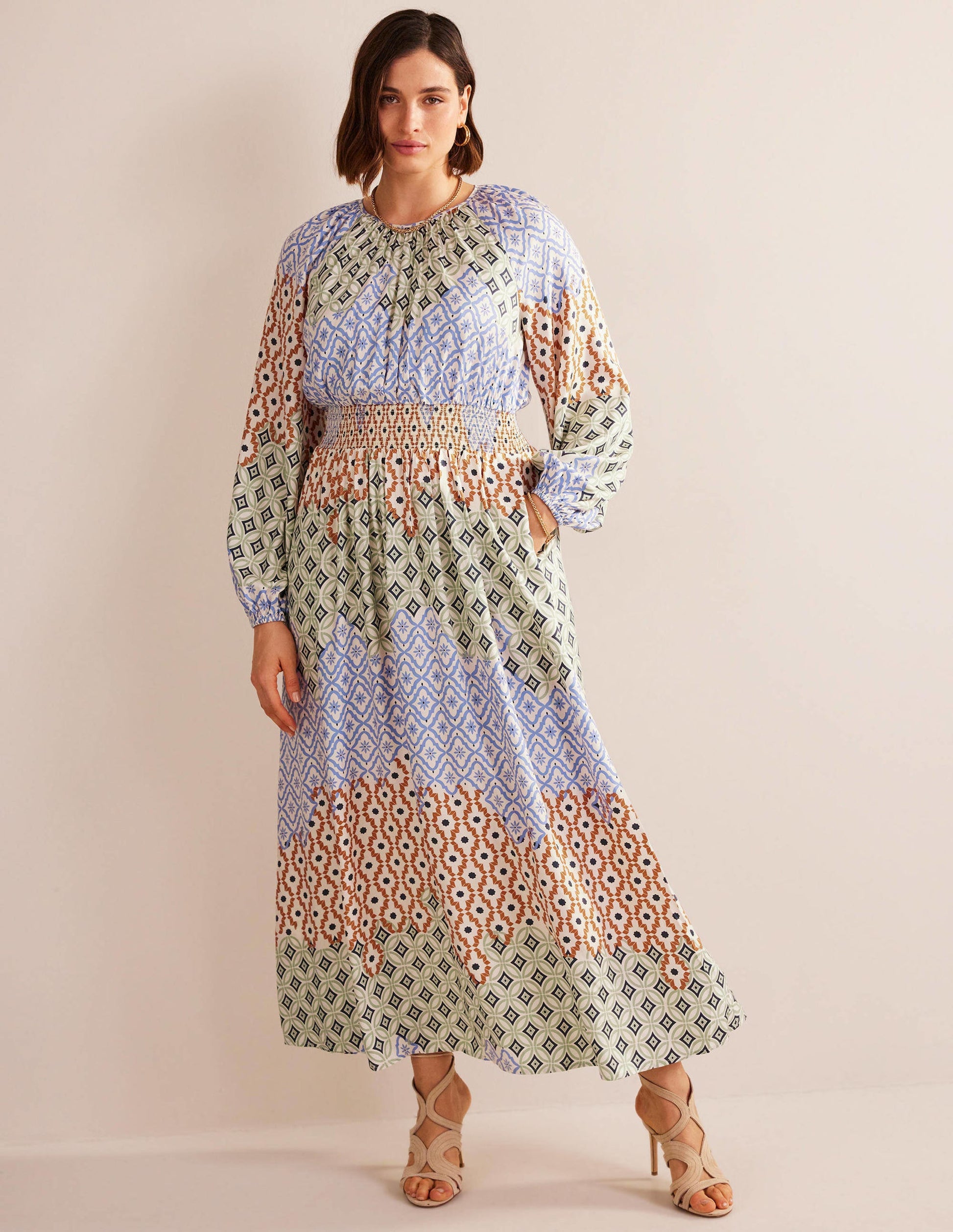 Smocked Waist Maxi Raglan-Multi, Geo Trance-5