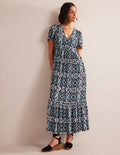 V-neck Tiered Maxi Dress-Navy, Opulent Pome