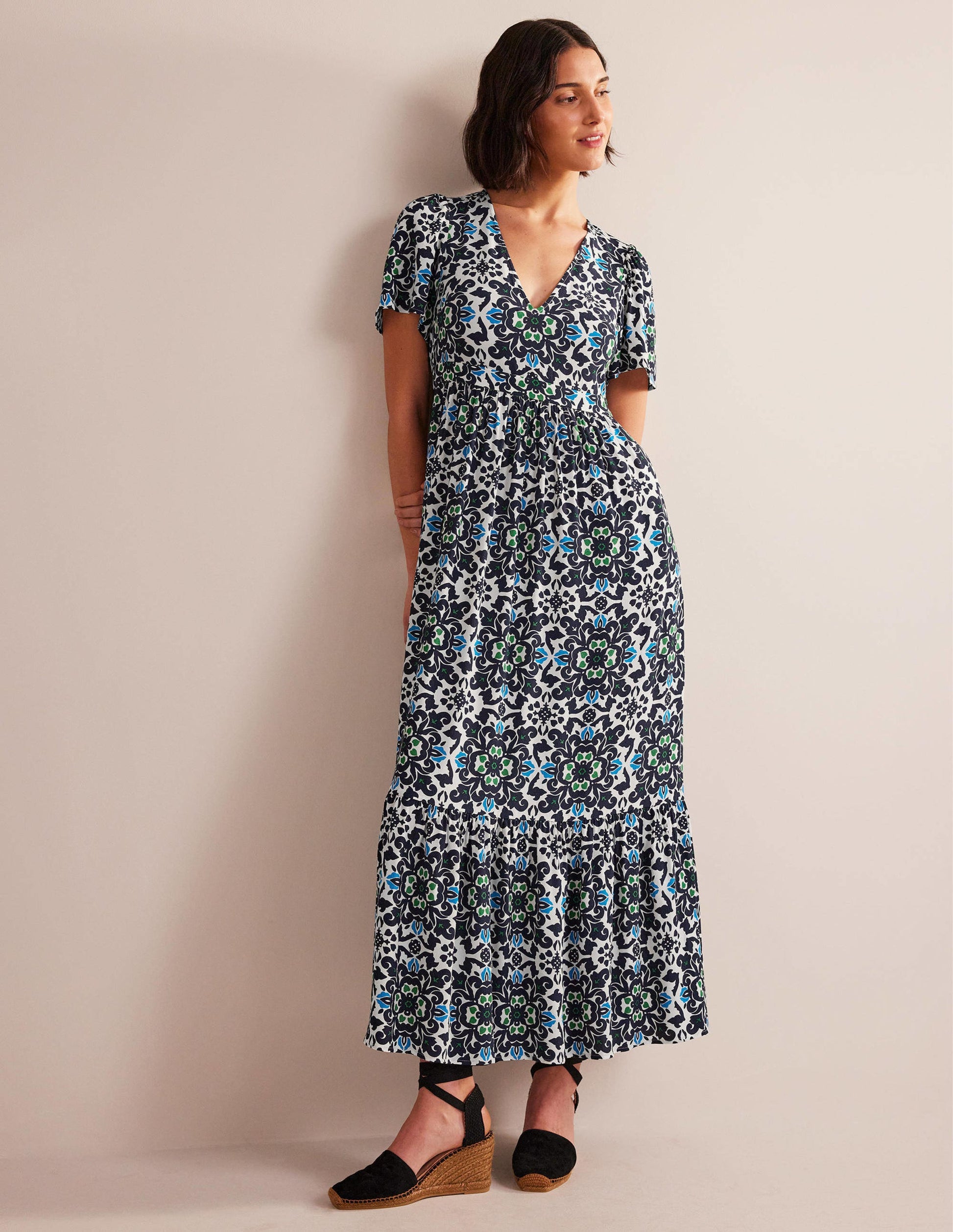 V-neck Tiered Maxi Dress-Navy, Opulent Pome-1