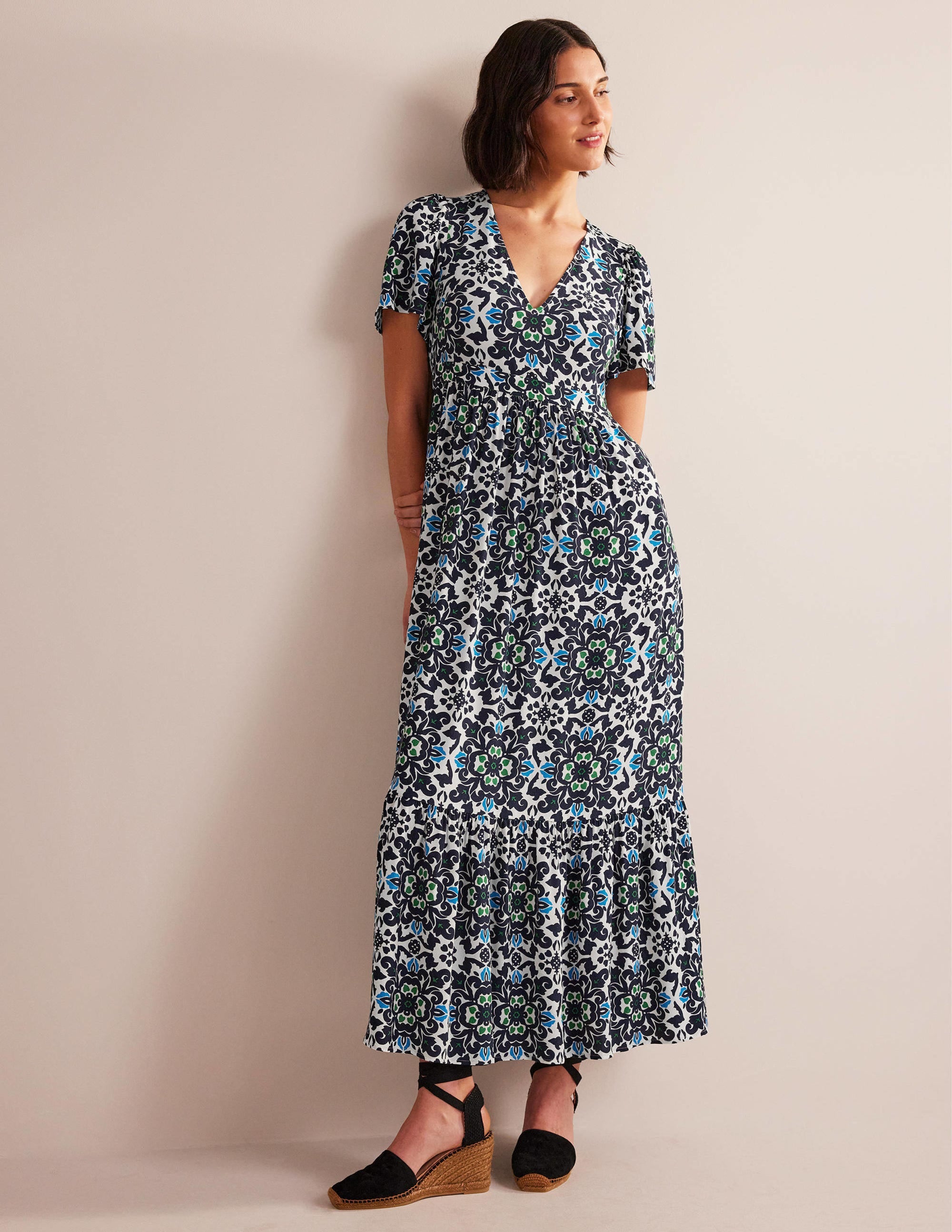 V-neck Tiered Maxi Dress-Navy, Opulent Pome - Image 1