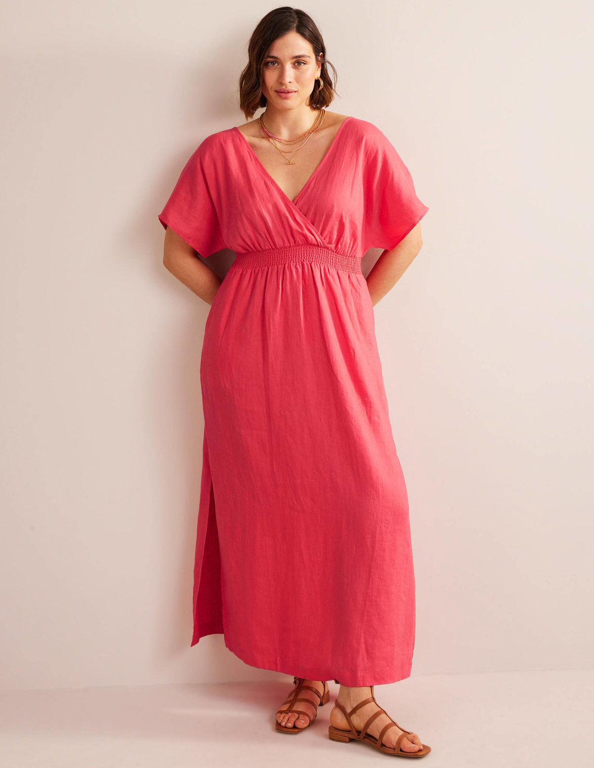 Linen Kaftan Maxi Dress-Coral Sunset-5
