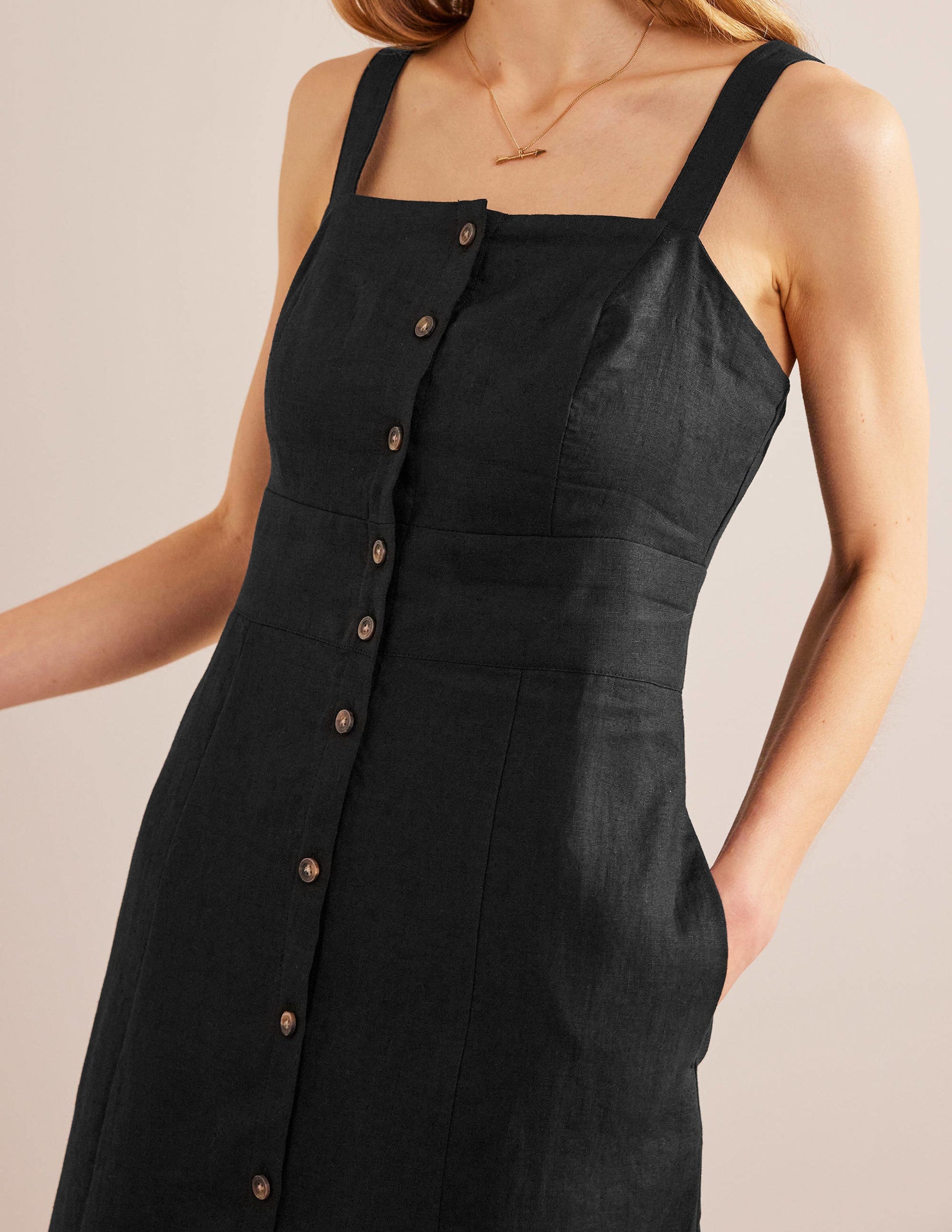 Strappy Linen Midi Dress-Black-2