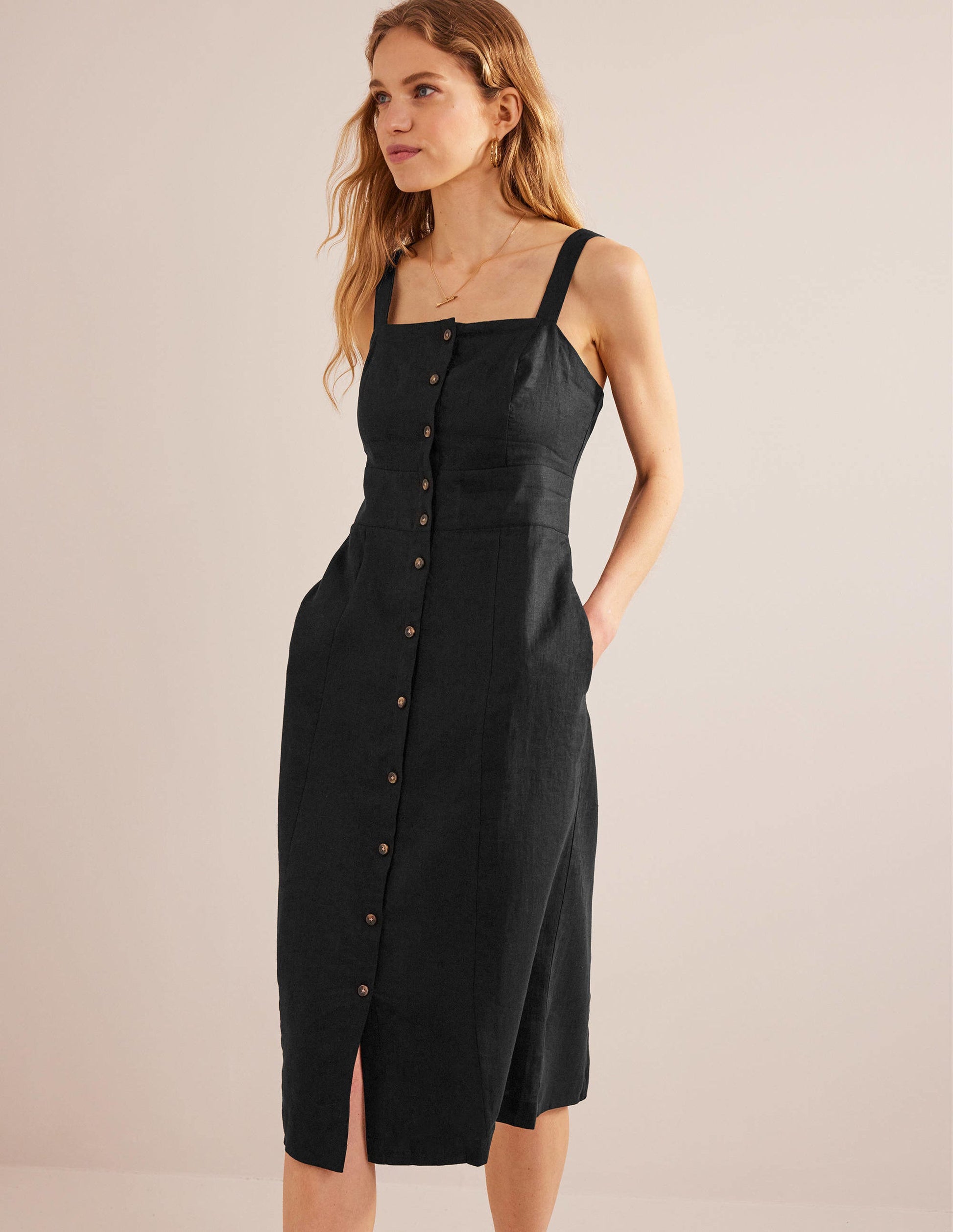 Strappy Linen Midi Dress-Black-4