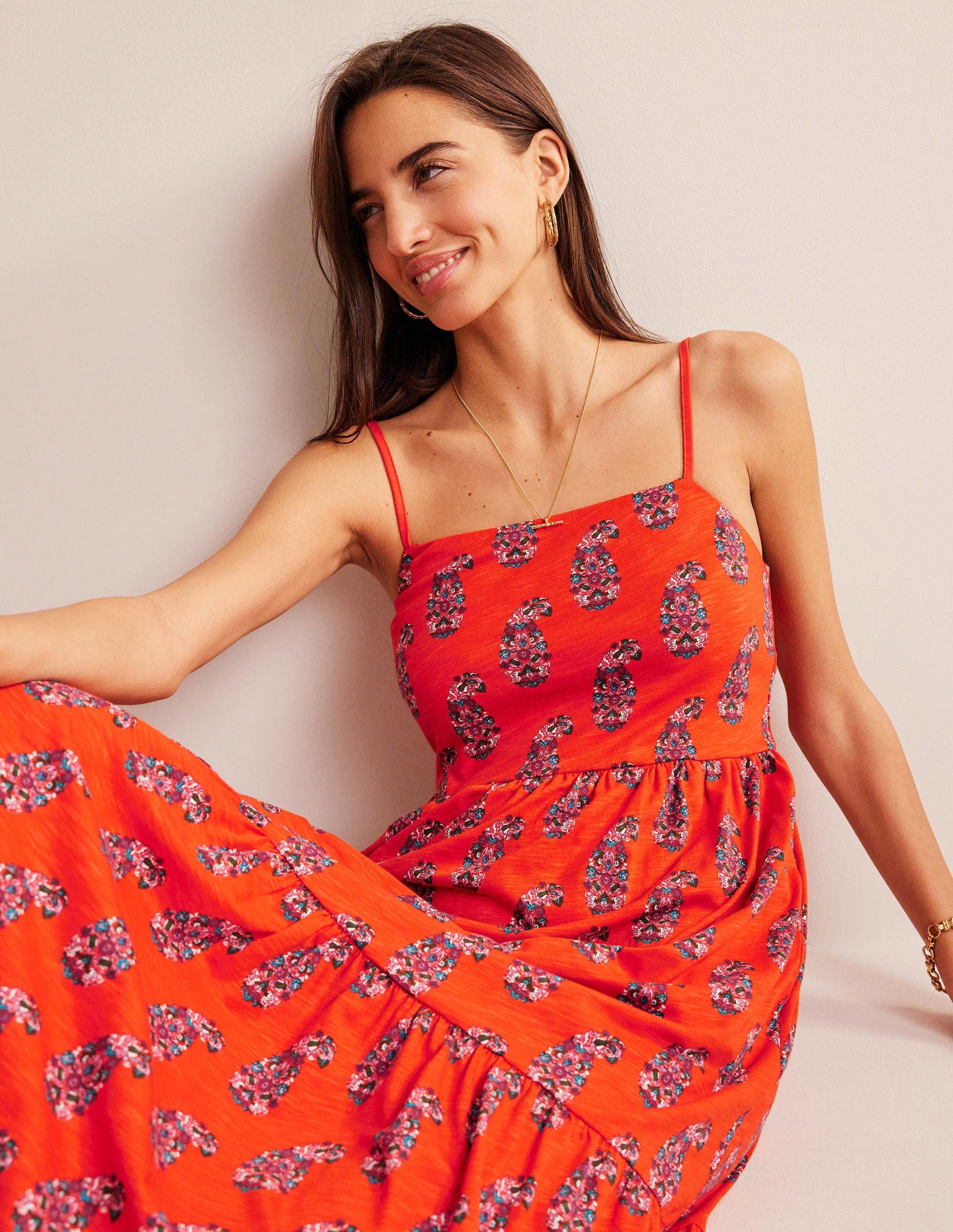 Strappy Jersey Midi Dress-Blood Orange, Sweet Paisley-1