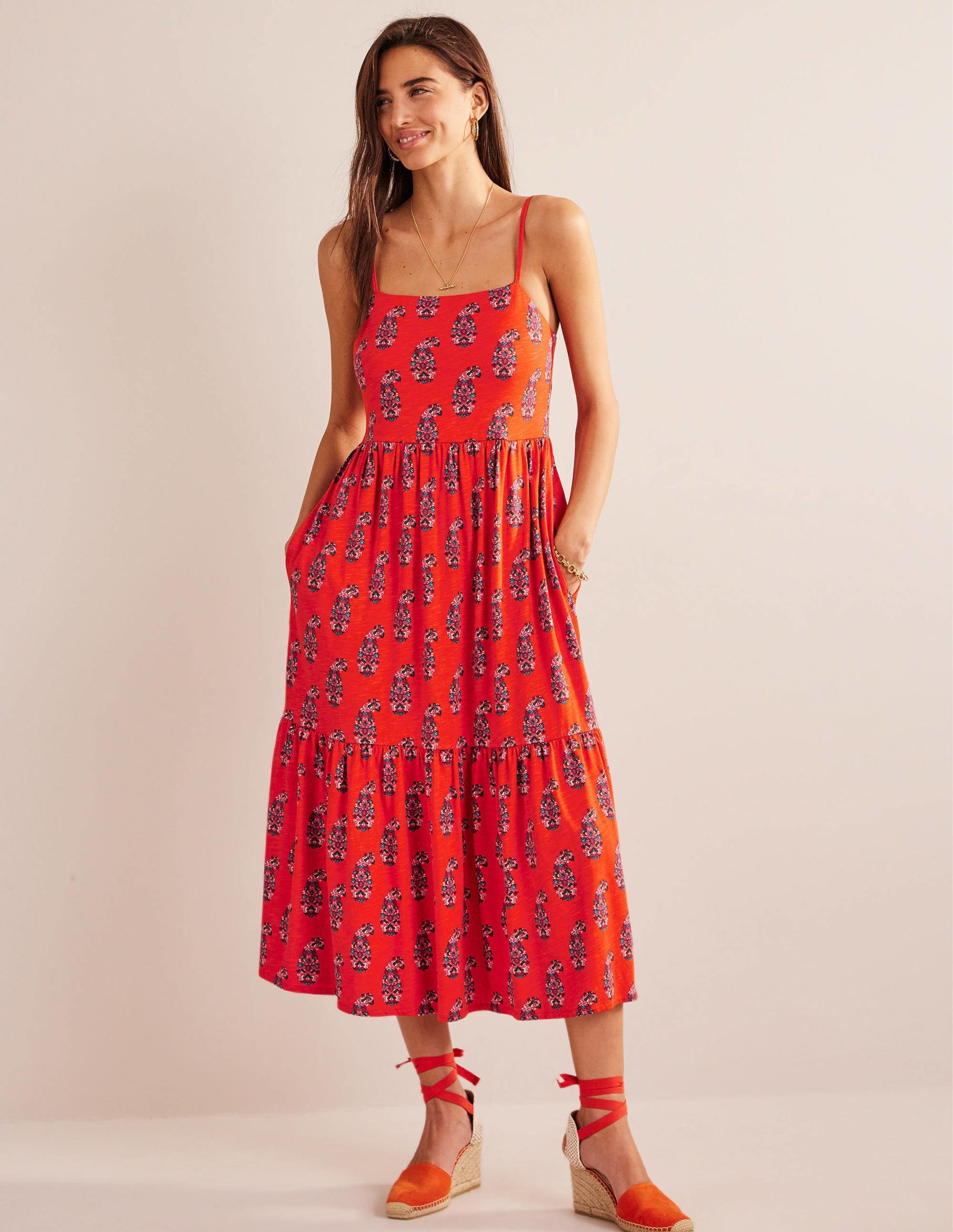 Strappy Jersey Midi Dress-Blood Orange, Sweet Paisley - Image 2