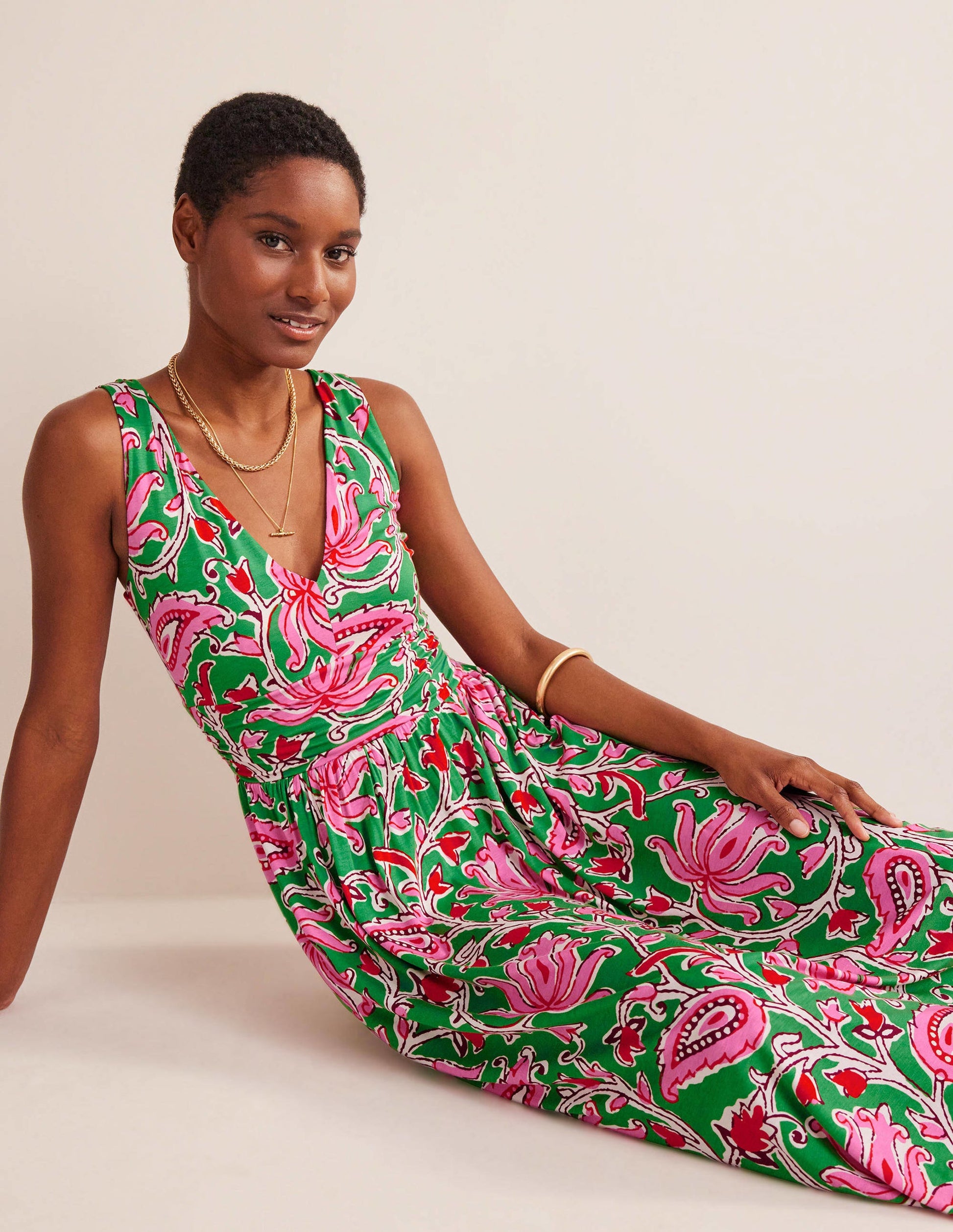 Sleeveless Jersey Maxi Dress-Lime, Botanic Vine-1