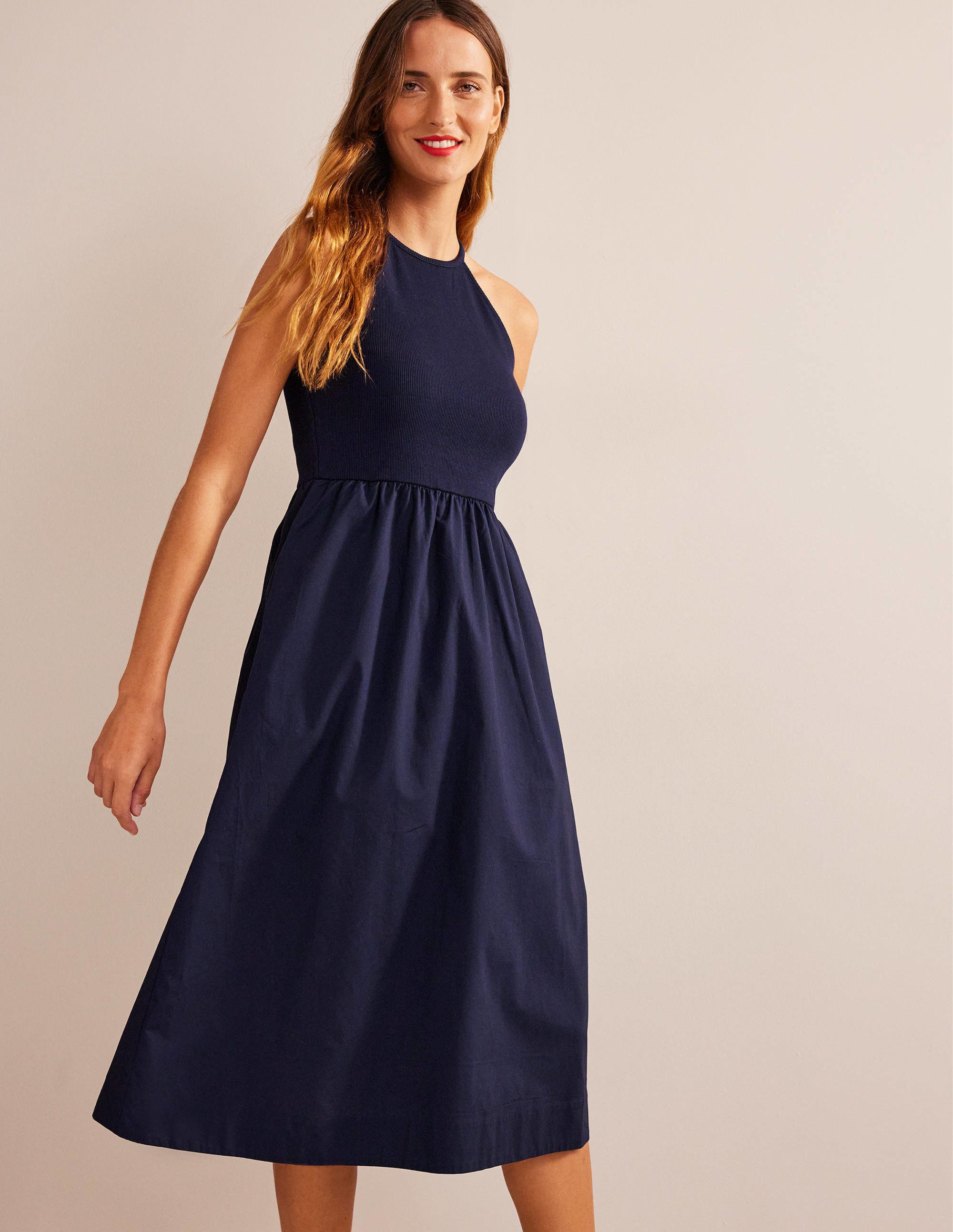 Ribbed Halterneck Midi Dress-Navy - Image 1