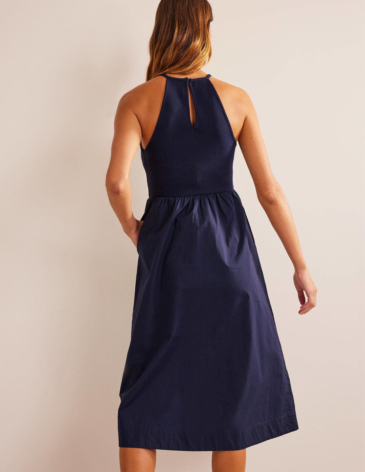 Ribbed Halterneck Midi Dress-Navy-3