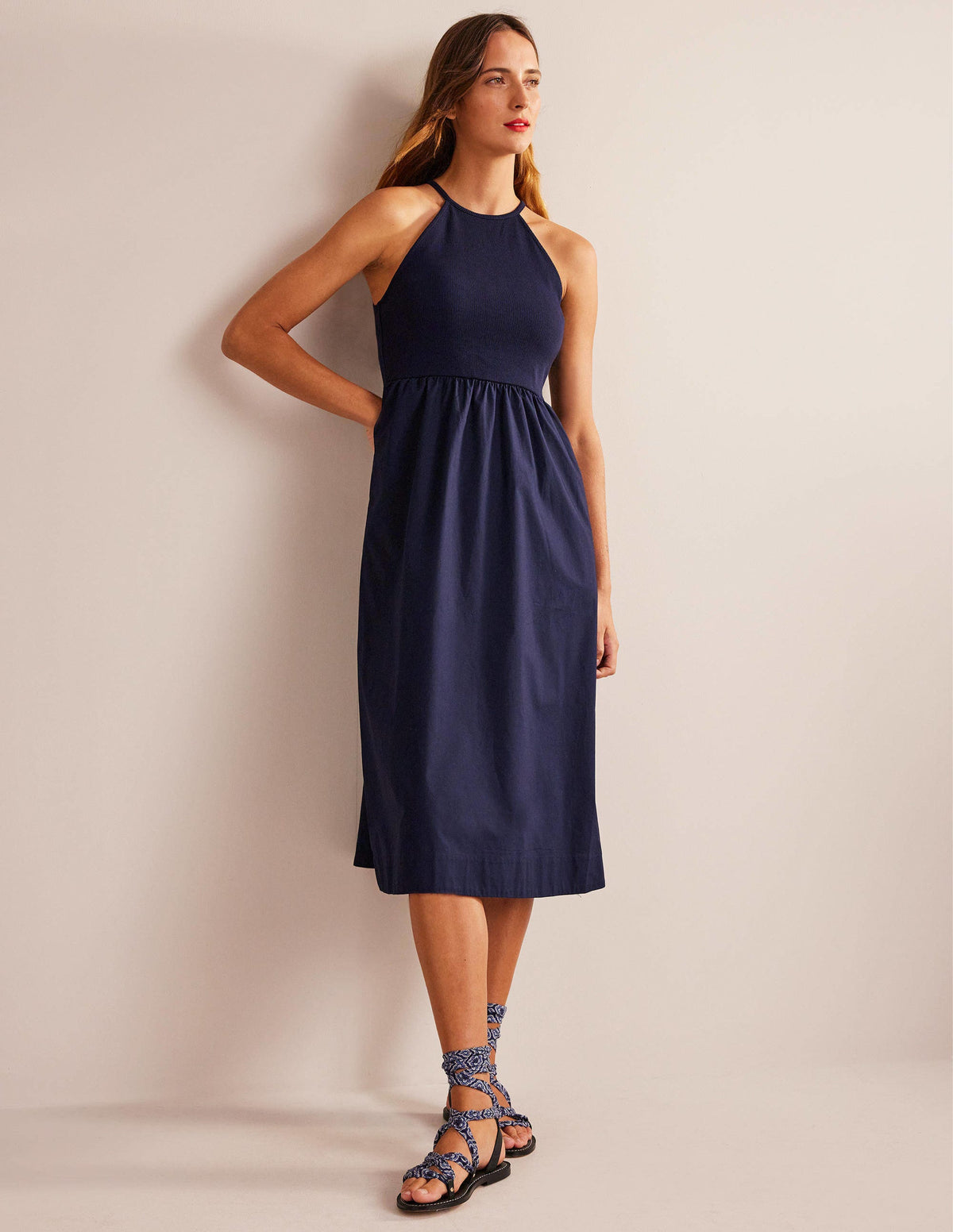 Ribbed Halterneck Midi Dress-Navy - Image 5