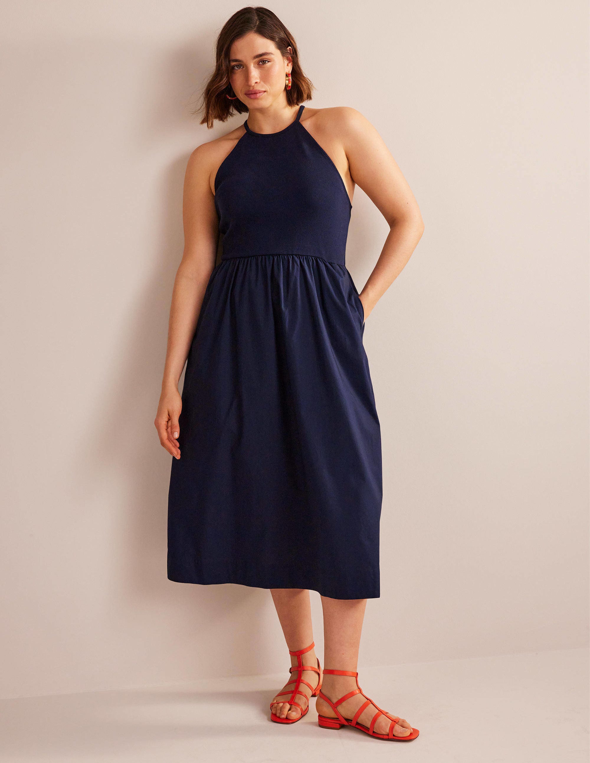 Ribbed Halterneck Midi Dress-Navy - Image 6