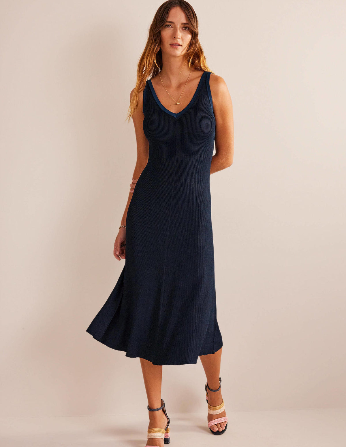 V-Neck Knitted Midi Dress-Navy - Image 4