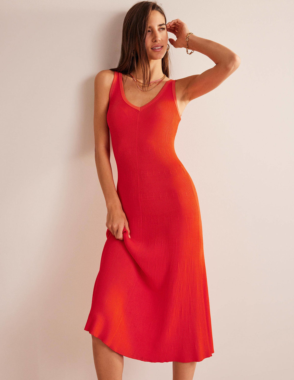 V-Neck Knitted Midi Dress-Blood Orange - Image 1