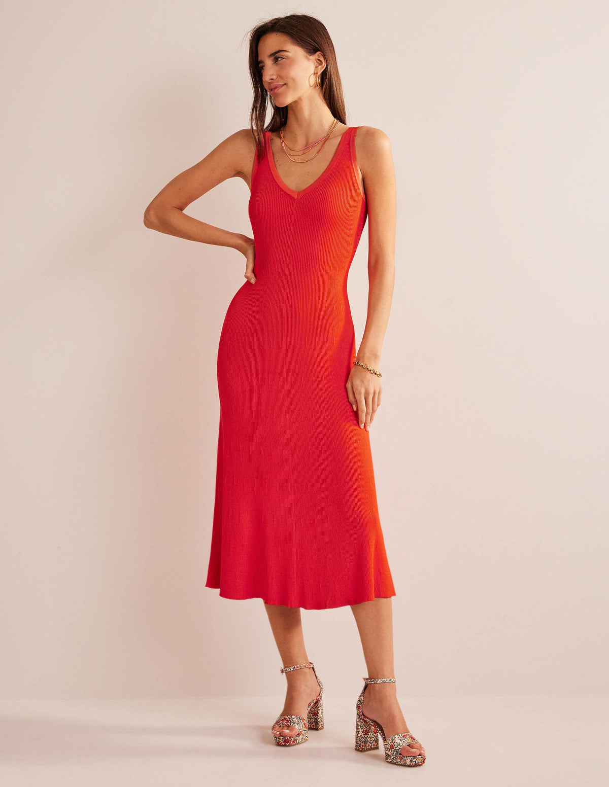 V-Neck Knitted Midi Dress-Blood Orange - Image 4