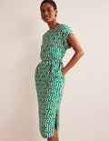 Short Sleeve Column Midi Dress-Bright Emerald, Azure Geo