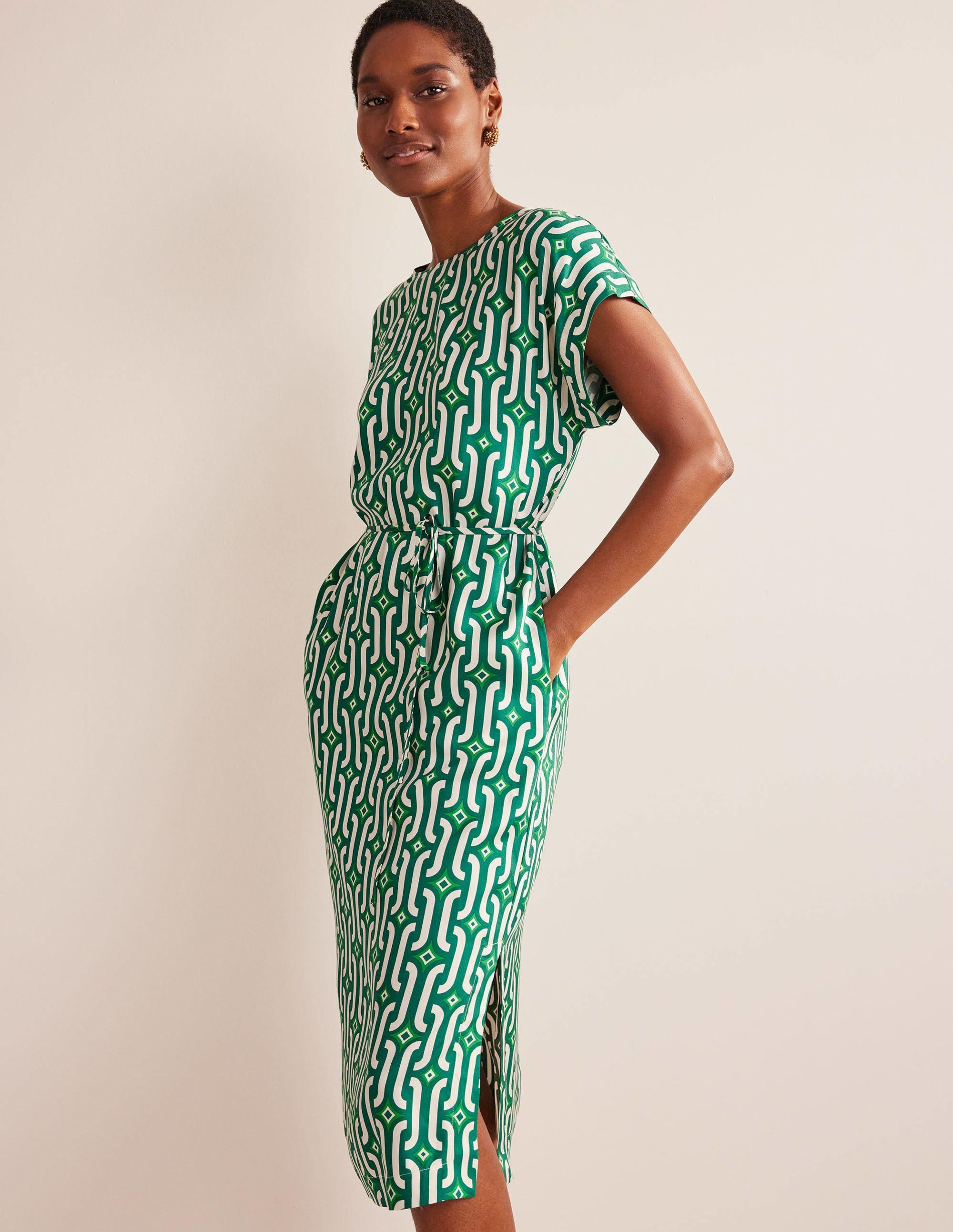 Short Sleeve Column Midi Dress-Bright Emerald, Azure Geo - Image 1