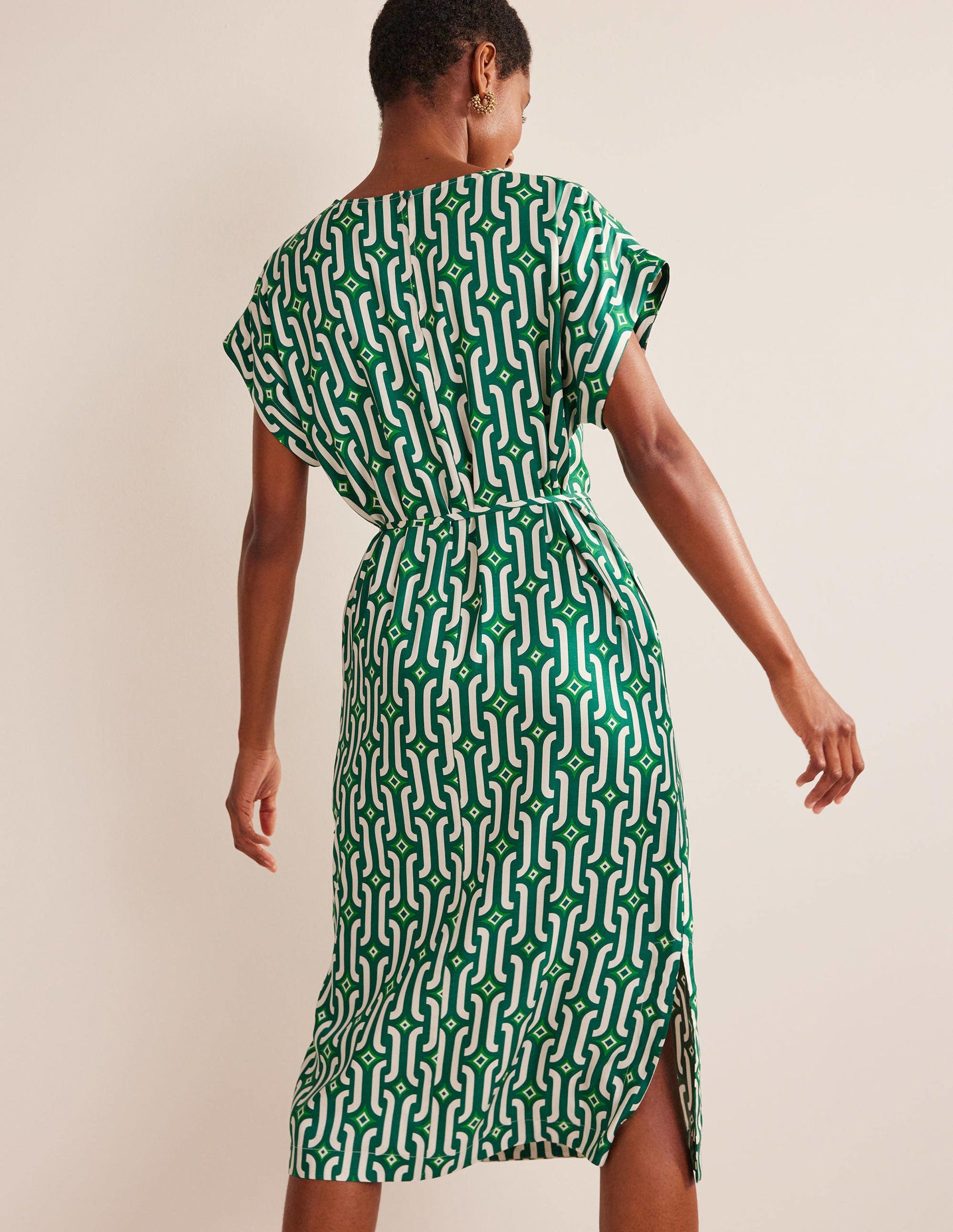Short Sleeve Column Midi Dress-Bright Emerald, Azure Geo-3