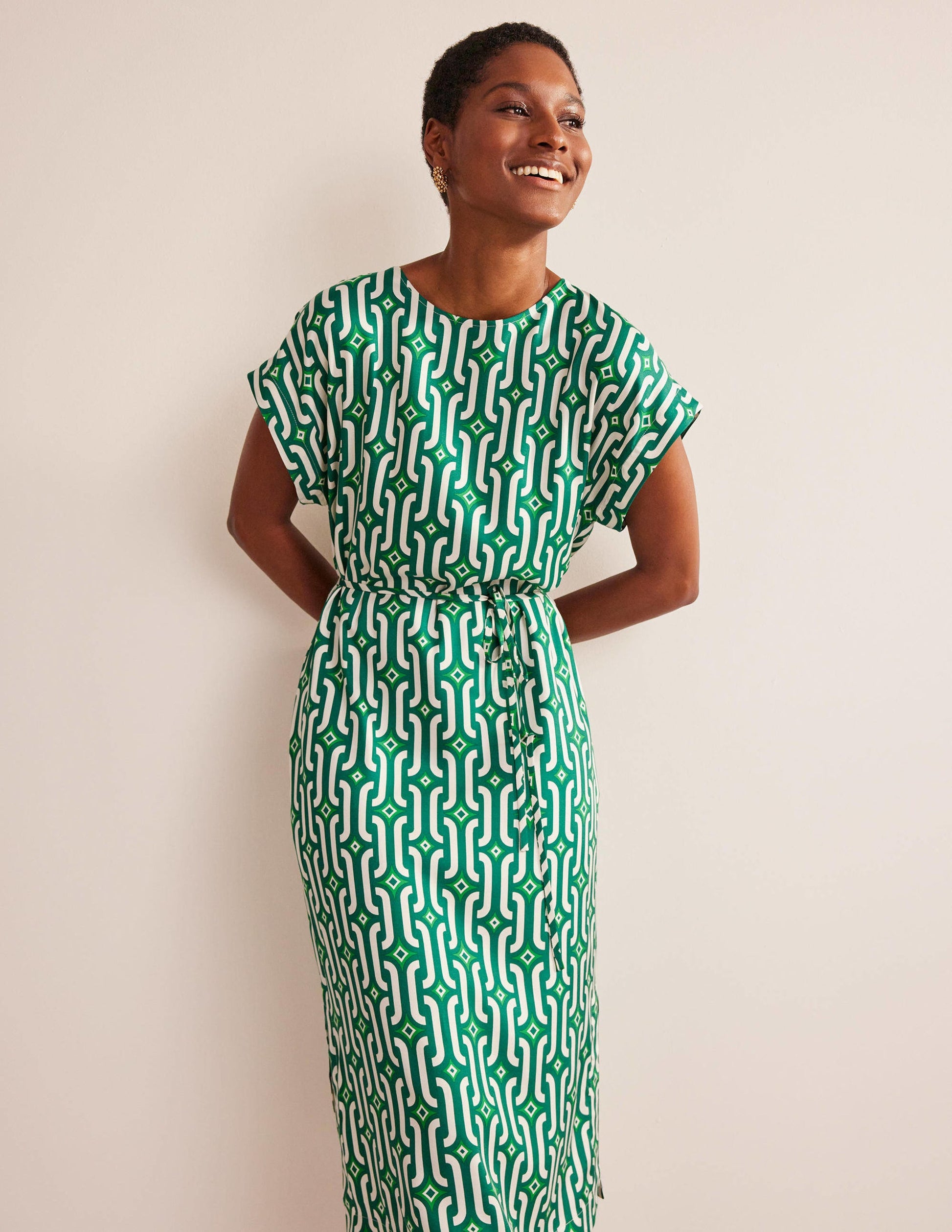 Short Sleeve Column Midi Dress-Bright Emerald, Azure Geo-4