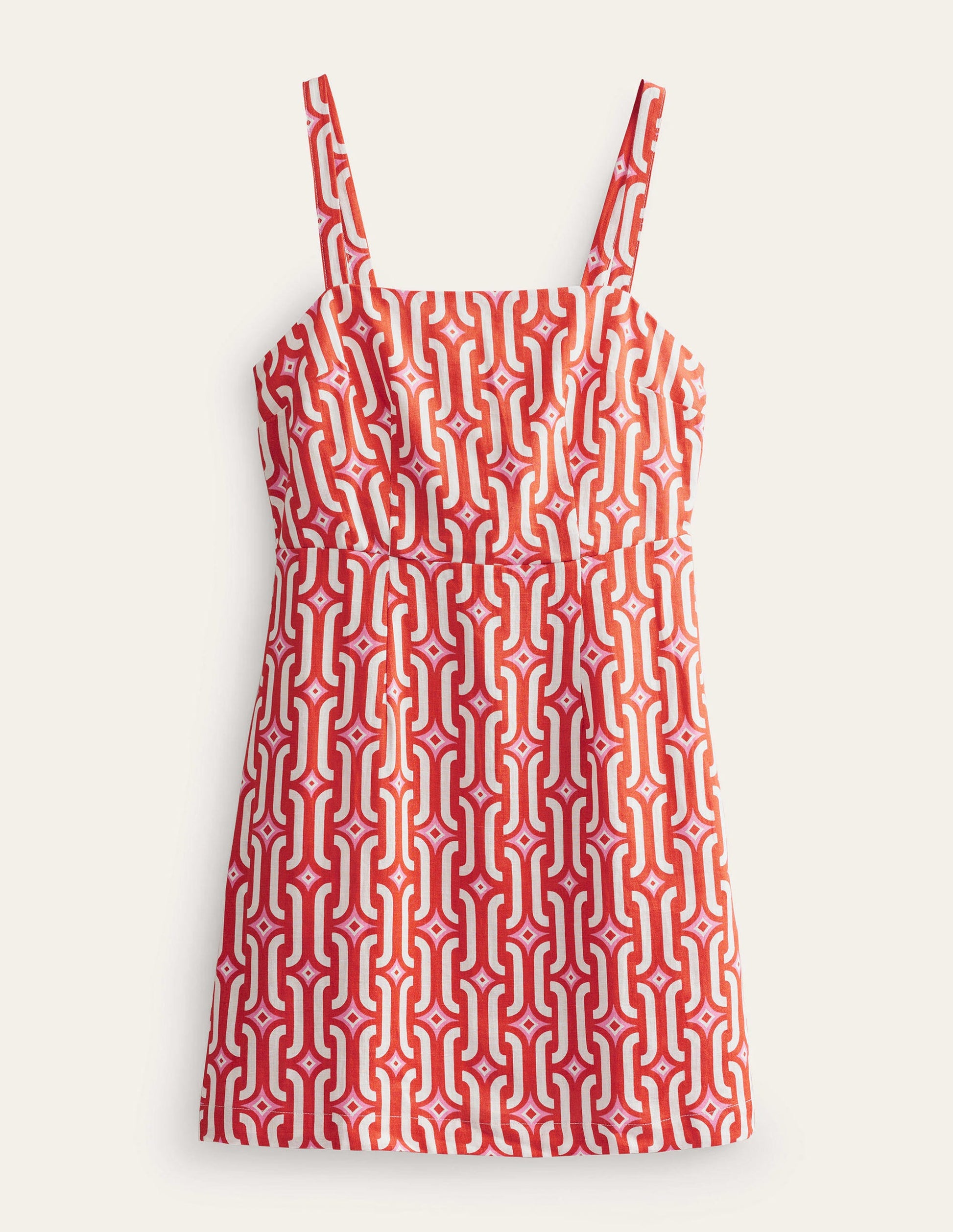 Strappy Linen Mini Dress-Blood Orange, Azure Geo-5