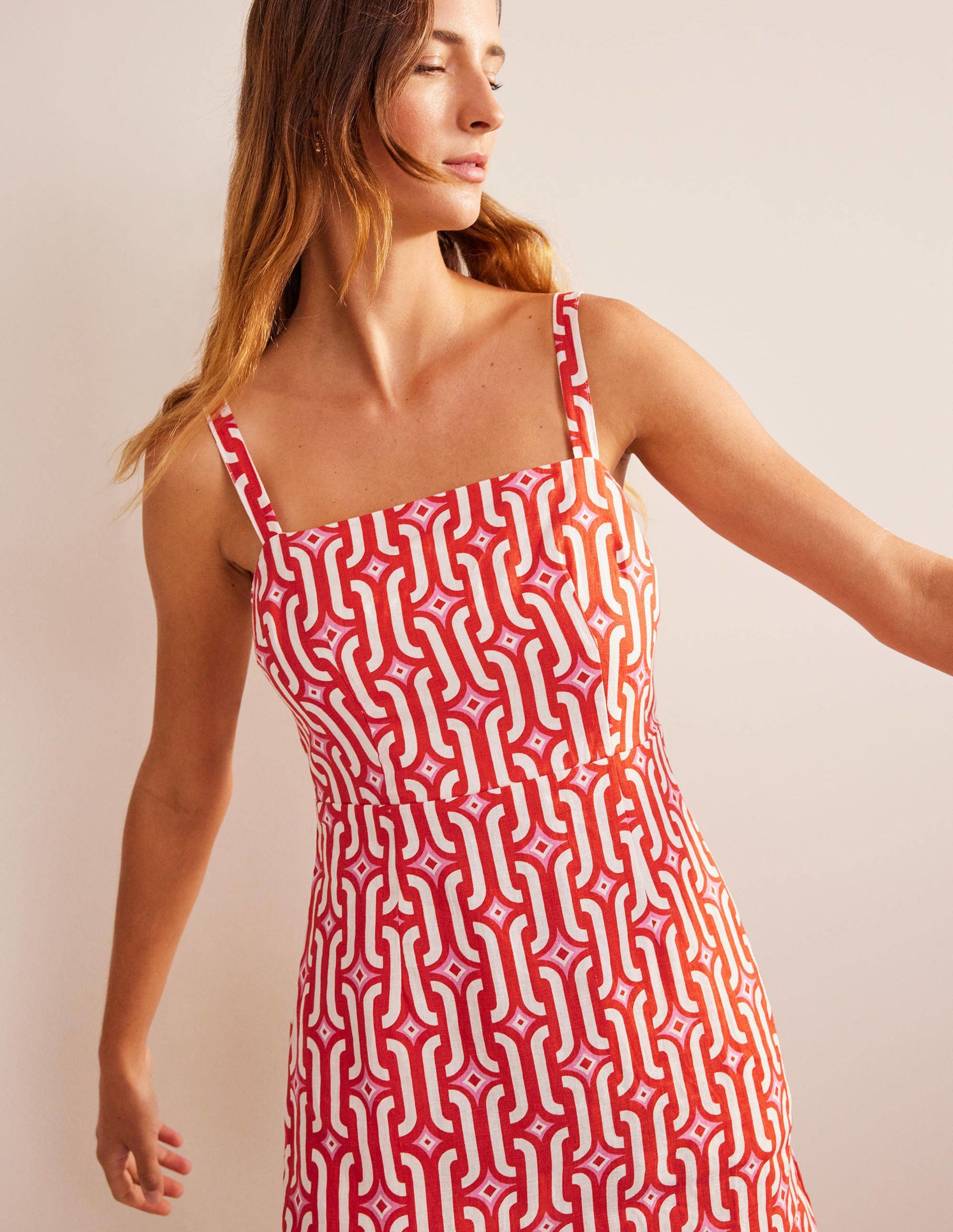 Strappy Linen Mini Dress-Blood Orange, Azure Geo-2