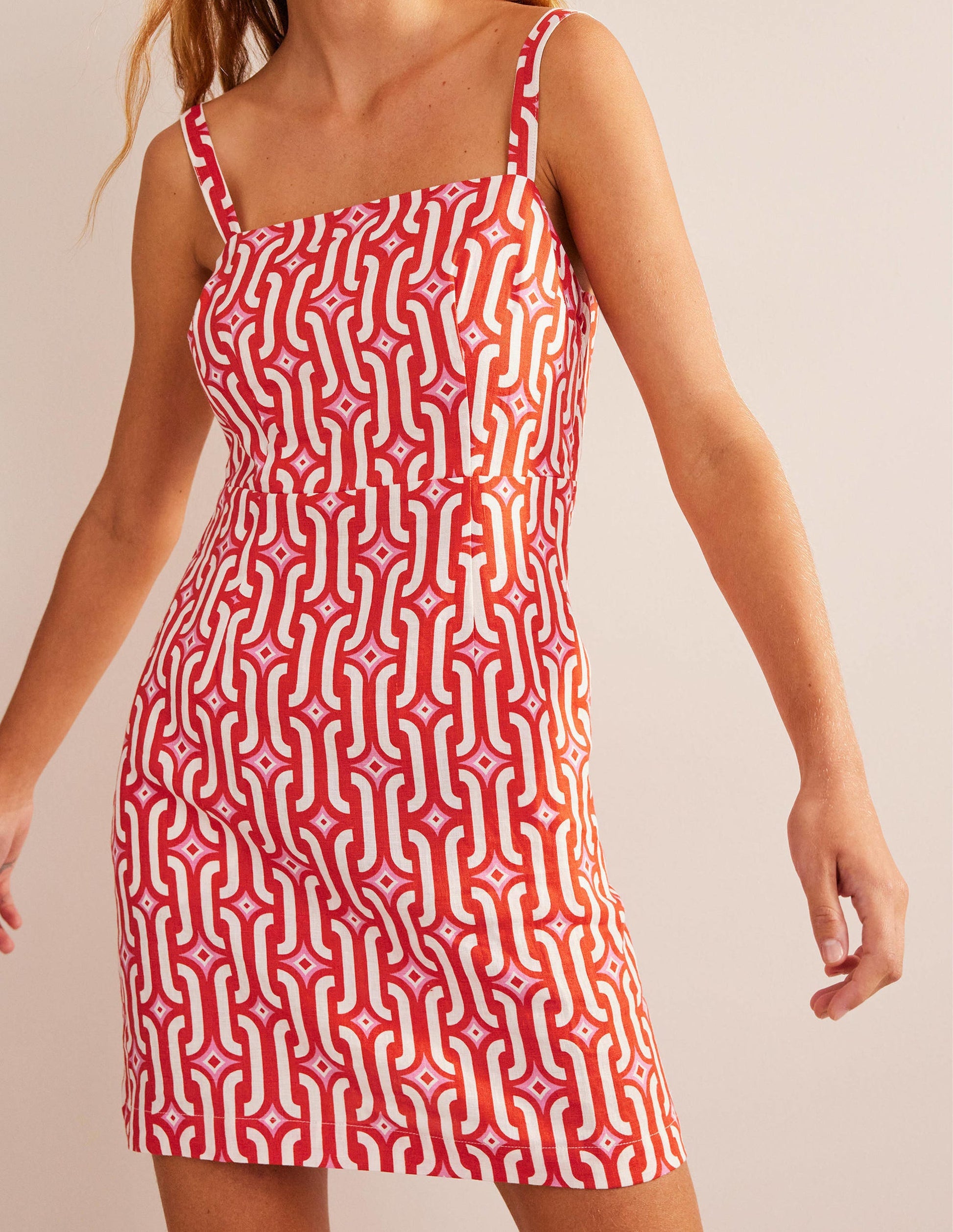 Strappy Linen Mini Dress-Blood Orange, Azure Geo-4