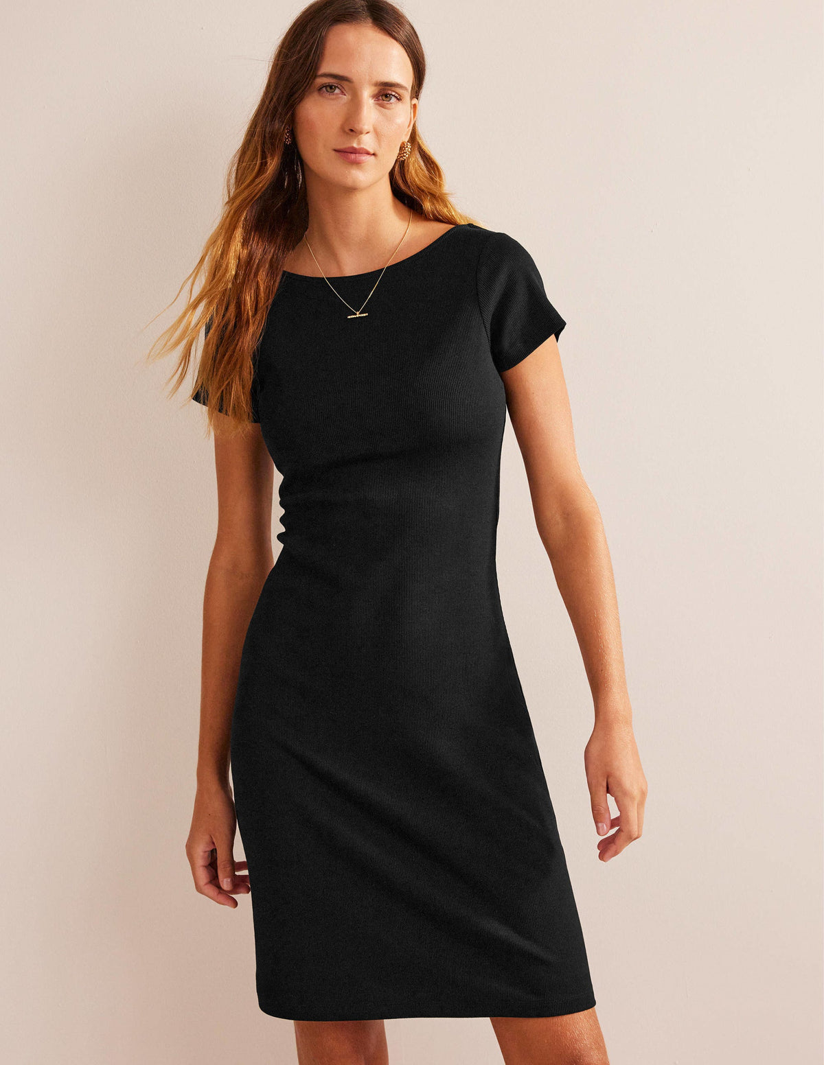 Low-Back Rib Jersey Mini Dress-Black - Image 1