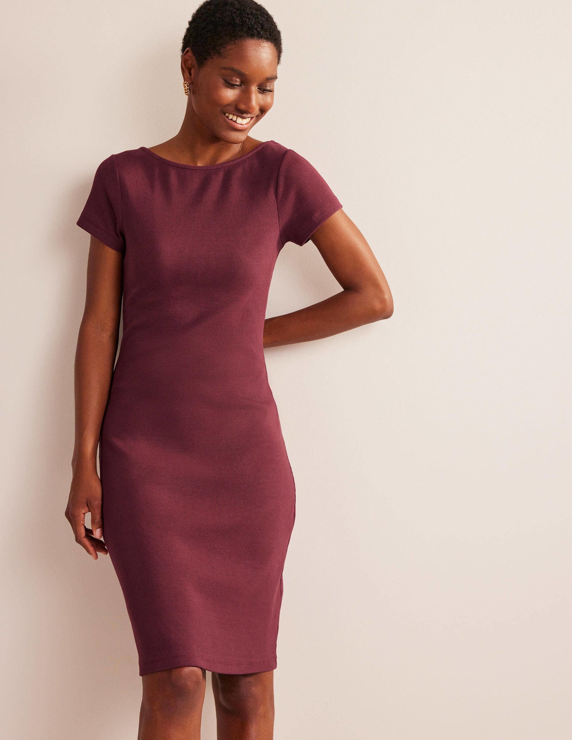 Low-Back Rib Jersey Mini Dress-Dark Burgundy-1