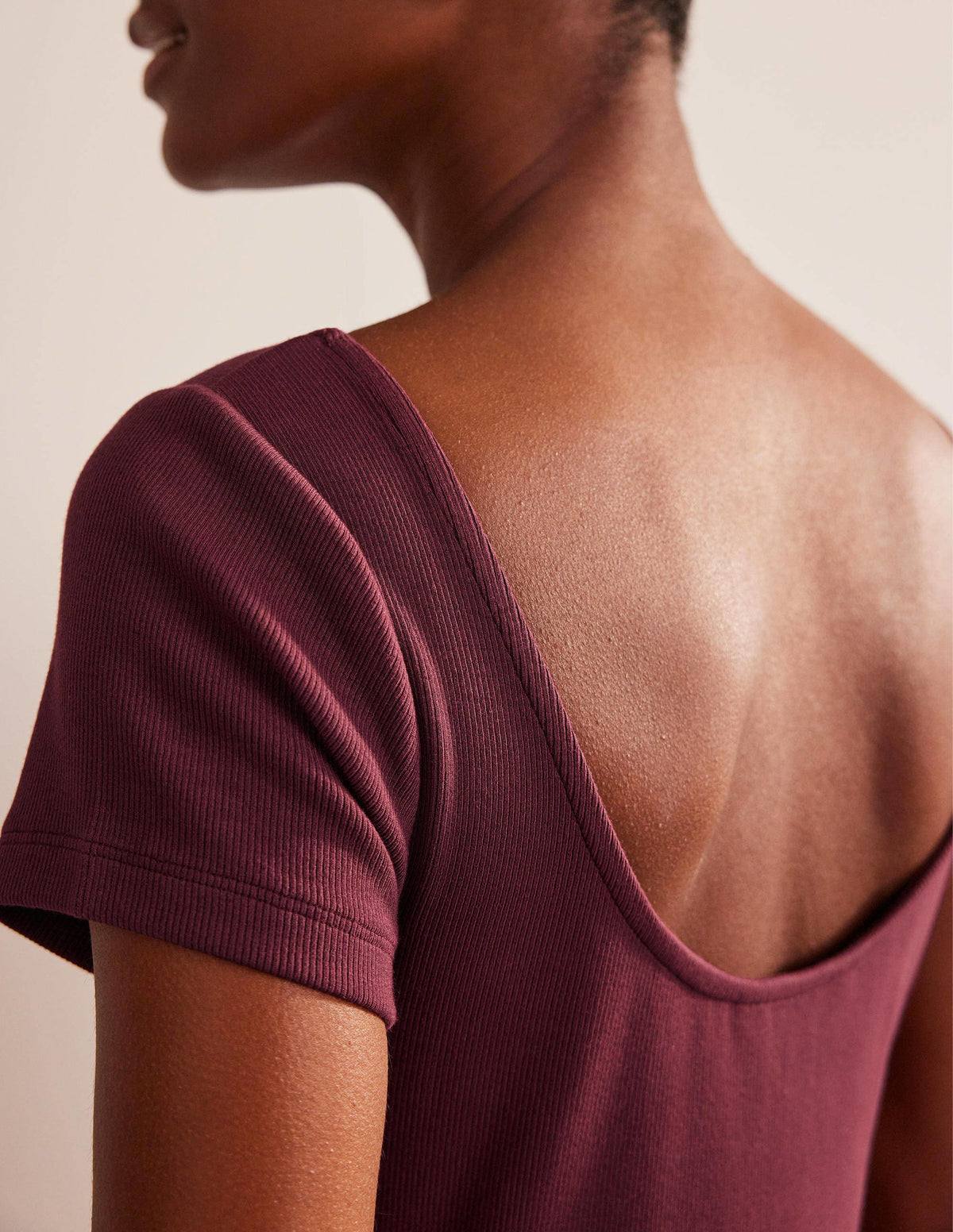 Low-Back Rib Jersey Mini Dress-Dark Burgundy-2