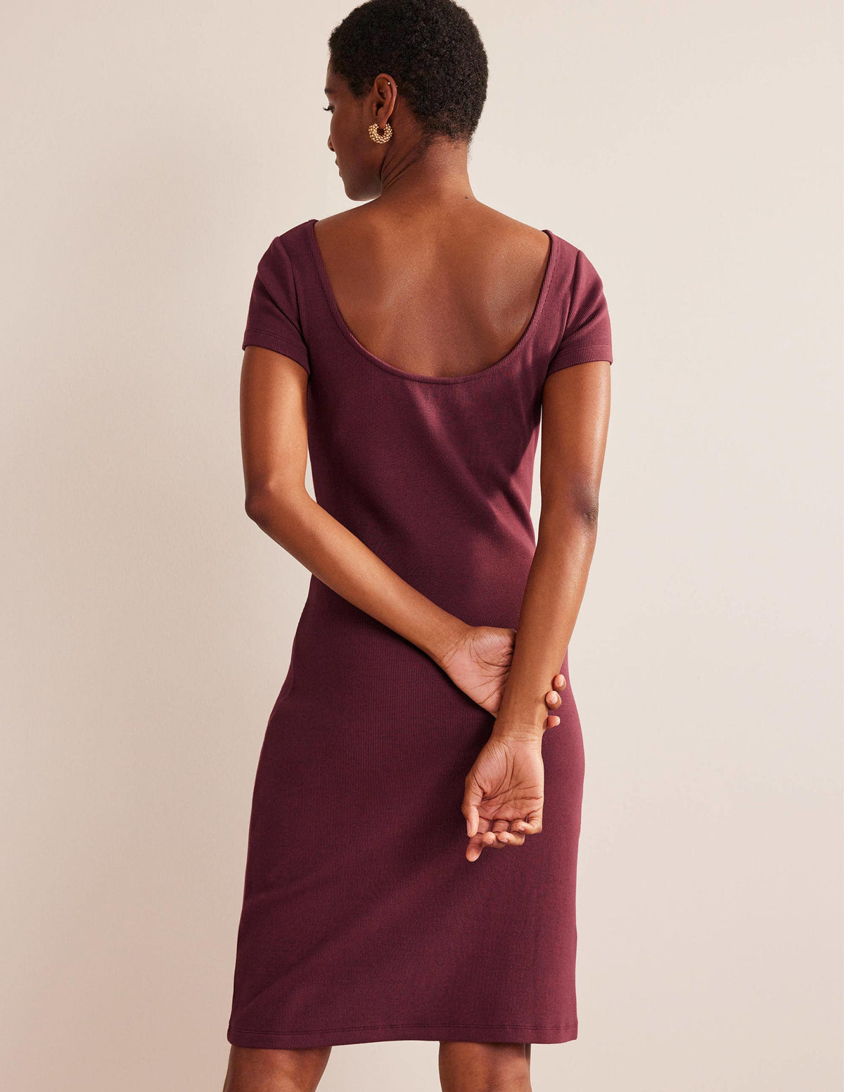Low-Back Rib Jersey Mini Dress-Dark Burgundy - Image 3