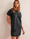 Sleeve Detail Linen Mini Dress-Black