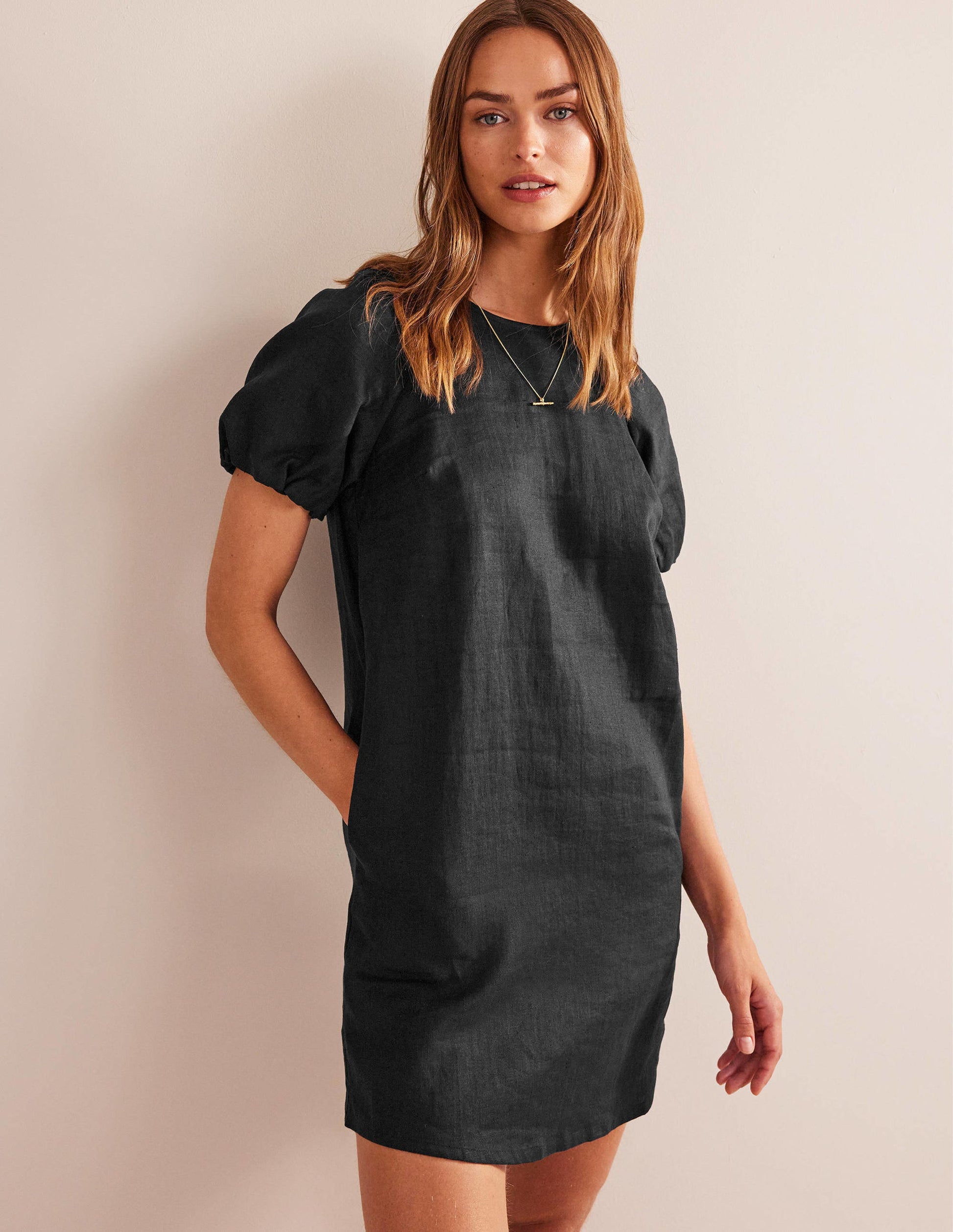 Sleeve Detail Linen Mini Dress-Black-1