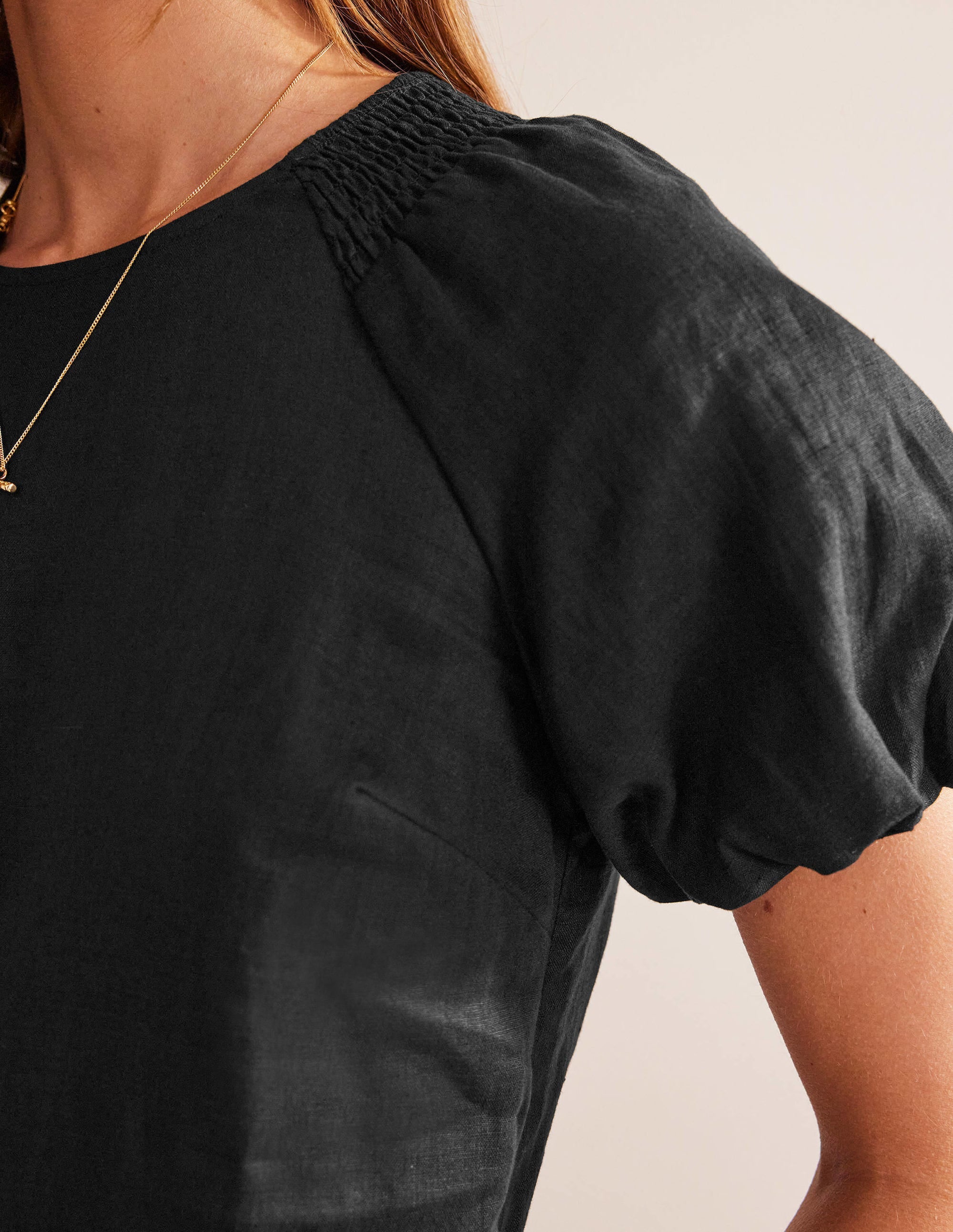 Sleeve Detail Linen Mini Dress-Black - Image 2